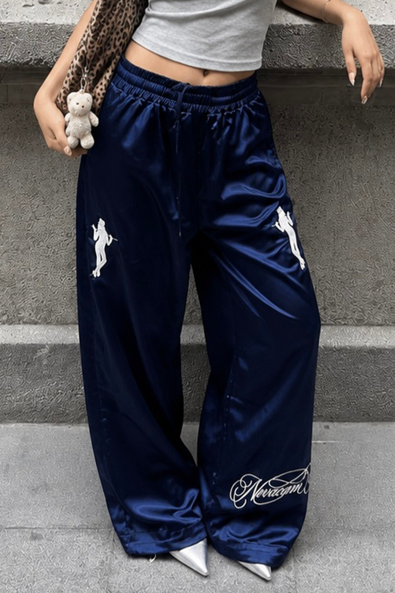 NOVACAM Satin Draped Embroidered Graphic Pants