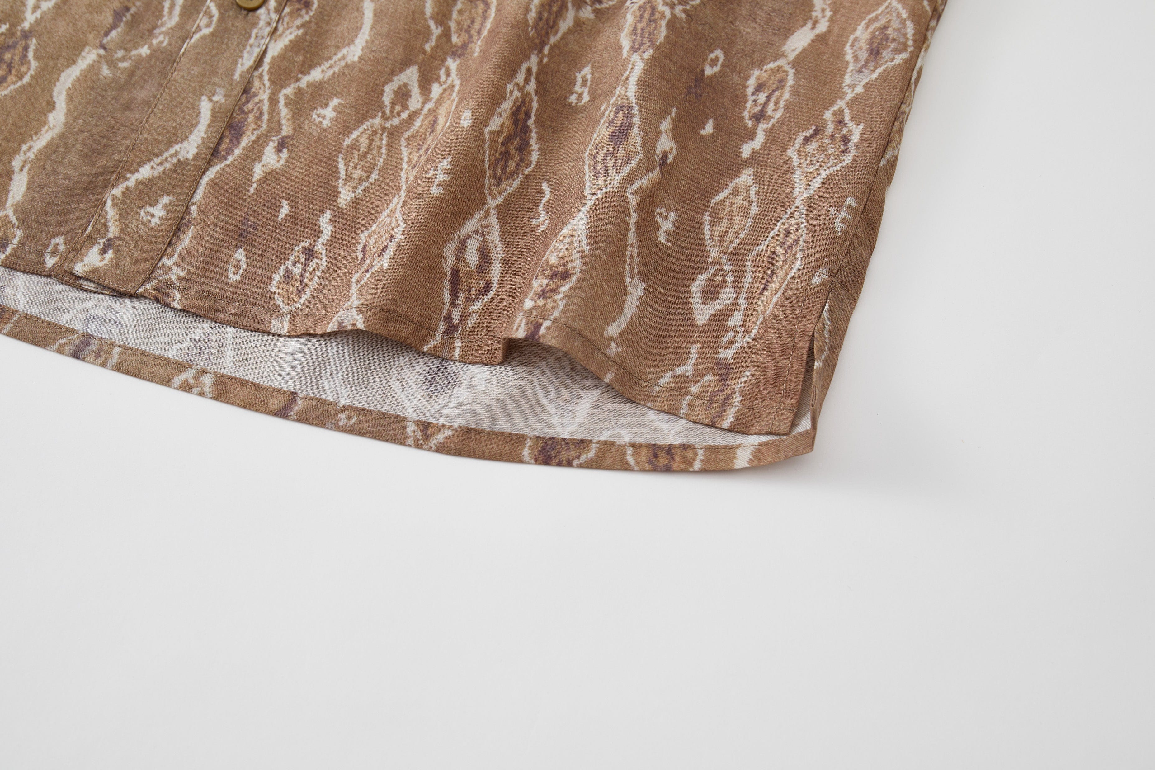 OPICLOTH Retro Woodgrain Full-Print Ruffle Half Shirt, premium urban and streetwear designers apparel on PROJECTISR.com, OPICLOTH