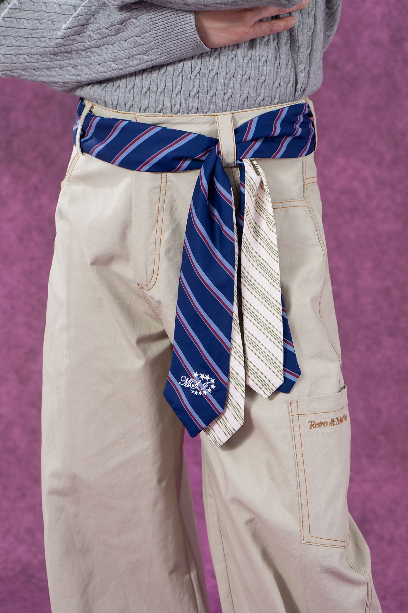 CLP Tie-Belt Multi-Pockets Stitched Pants