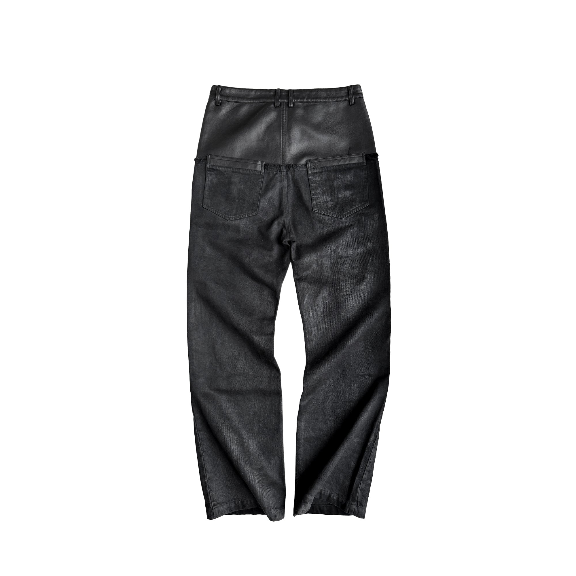 CINDER VEIN Washed Faux Leather-Spliced Double-Waistband Distressed Jeans