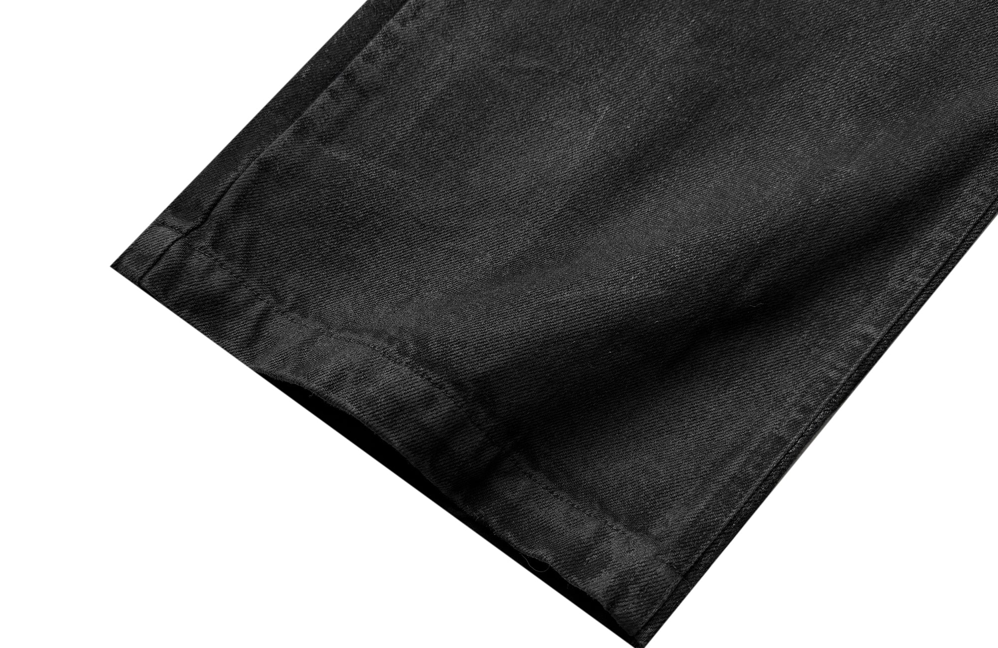 CINDER VEIN Washed Faux Leather-Spliced Double-Waistband Distressed Jeans