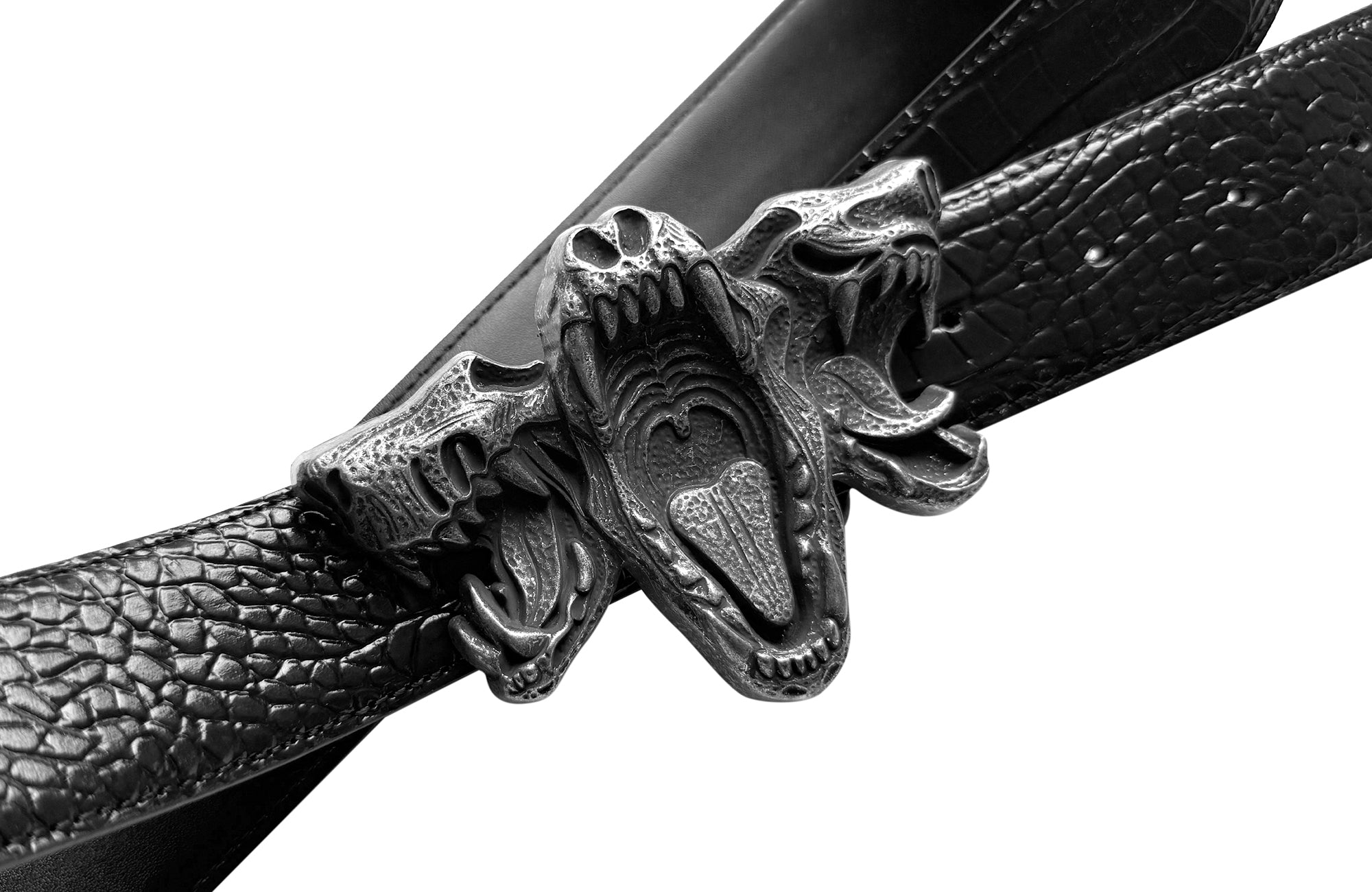 CINDER VEIN Three-Beast Skull Zinc Alloy Crocodile-Embossed Leather Belt