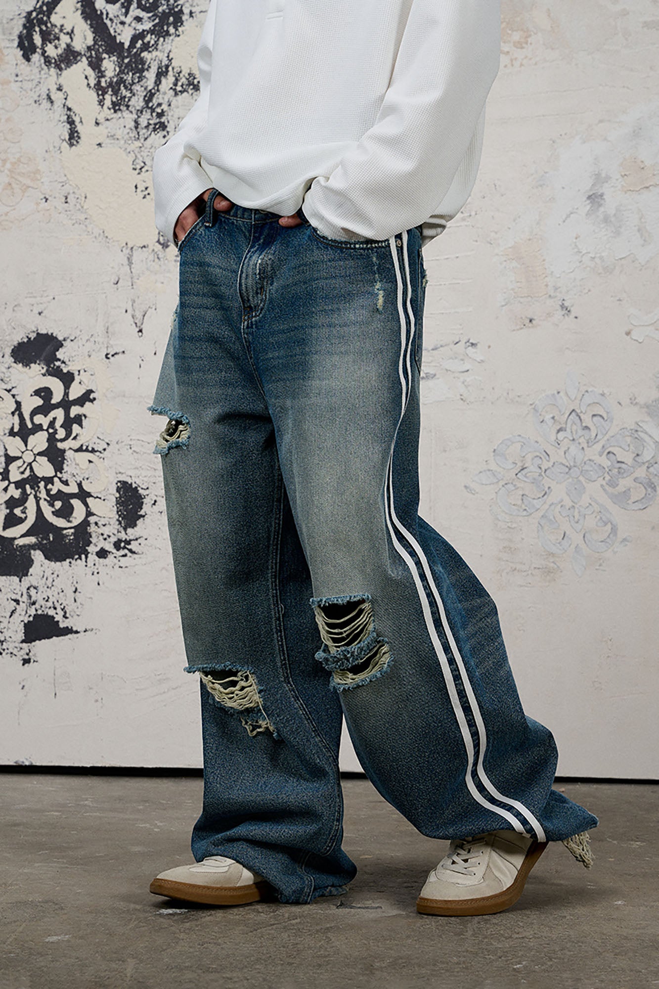 DONSMOKE Ripped Side Stripe Wide-Leg Jeans, premium urban and streetwear designers apparel on PROJECTISR.com, DONSMOKE