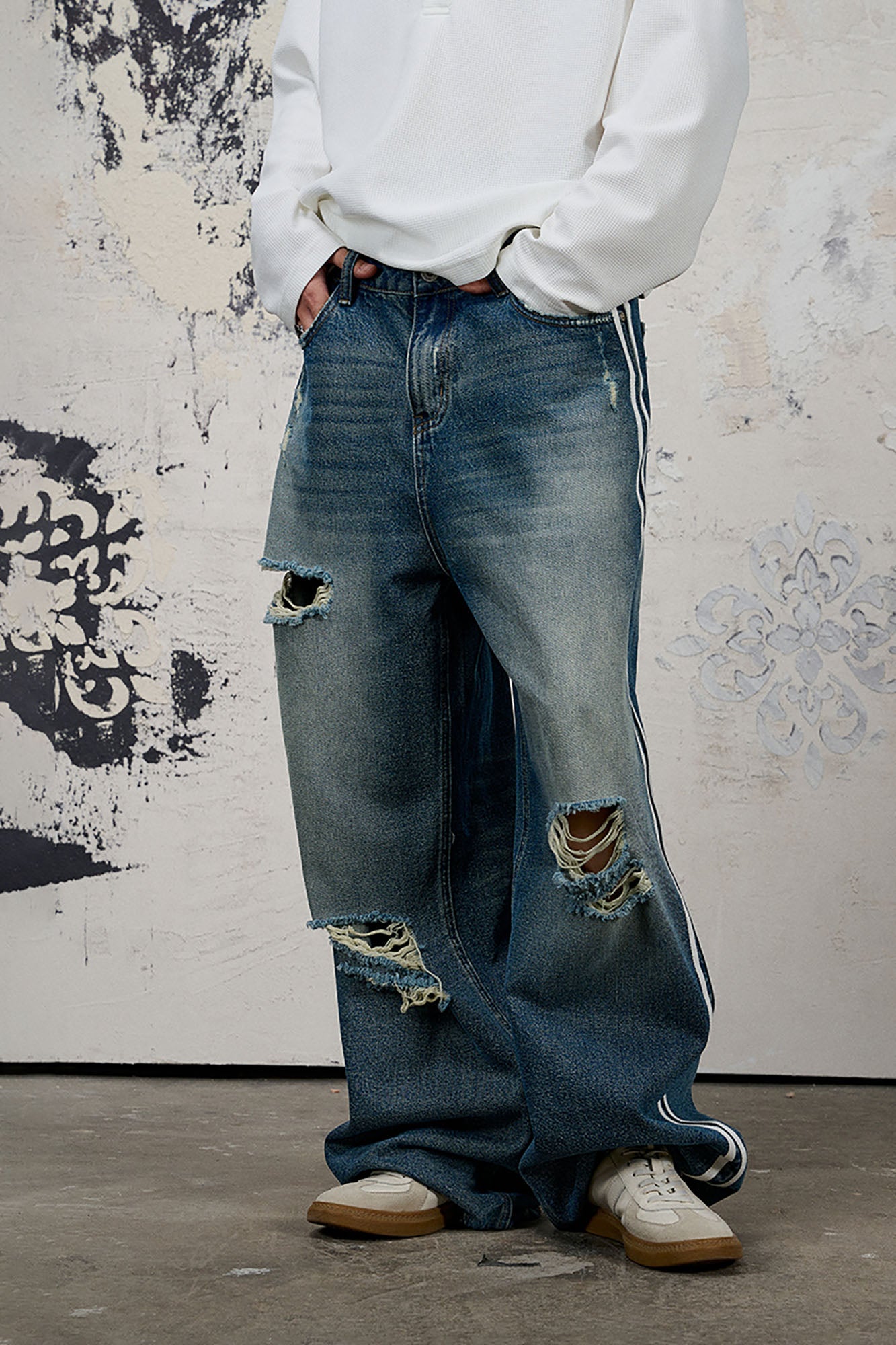 DONSMOKE Ripped Side Stripe Wide-Leg Jeans, premium urban and streetwear designers apparel on PROJECTISR.com, DONSMOKE