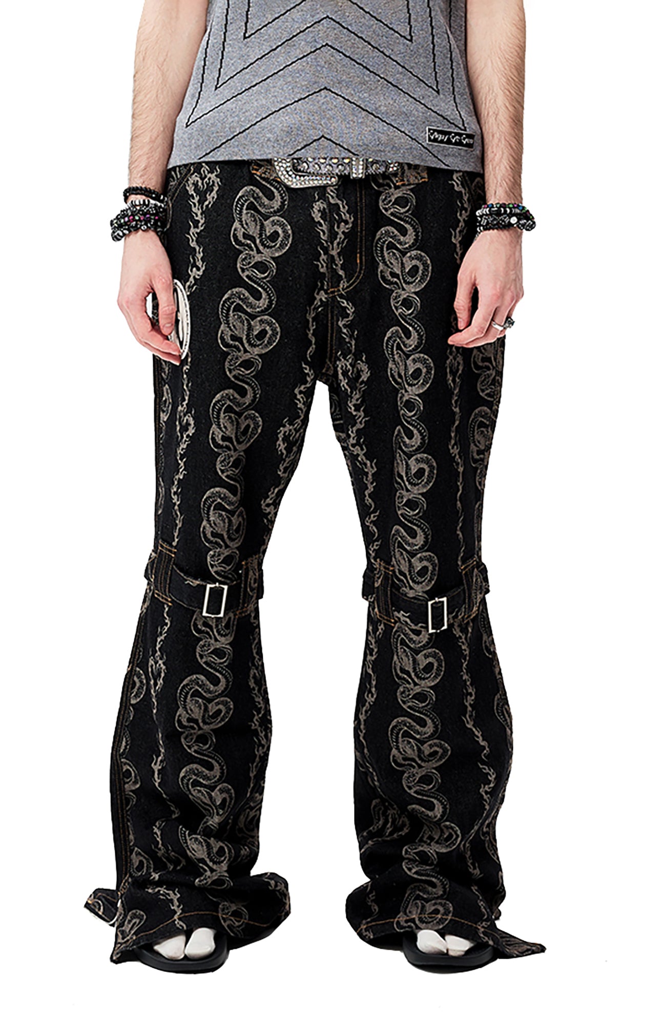 CYCYCY Serpentine Strap Buckled Flared Jeans