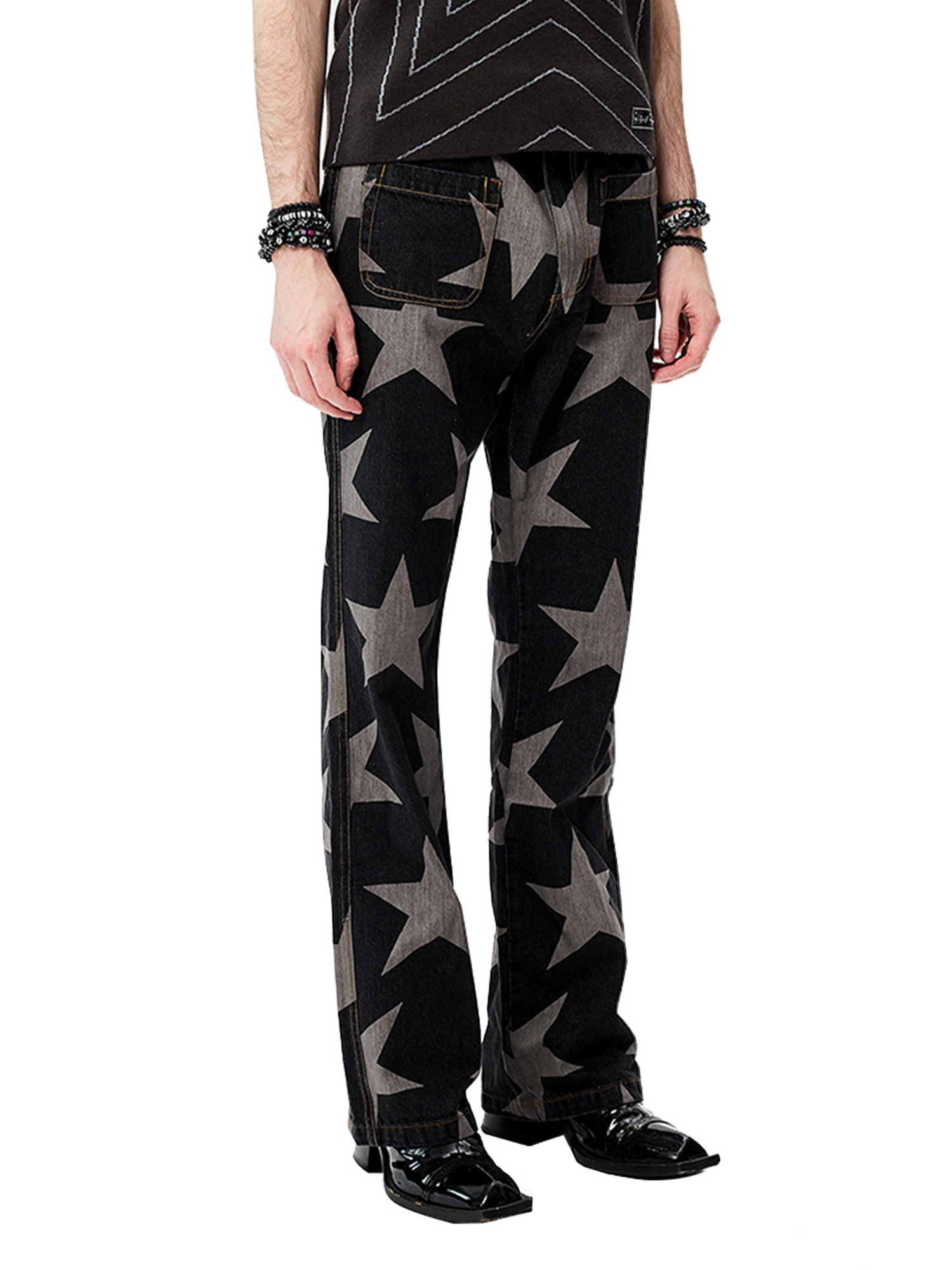 CYCYCY Punk Washed Star Full-Print Flared Jeans