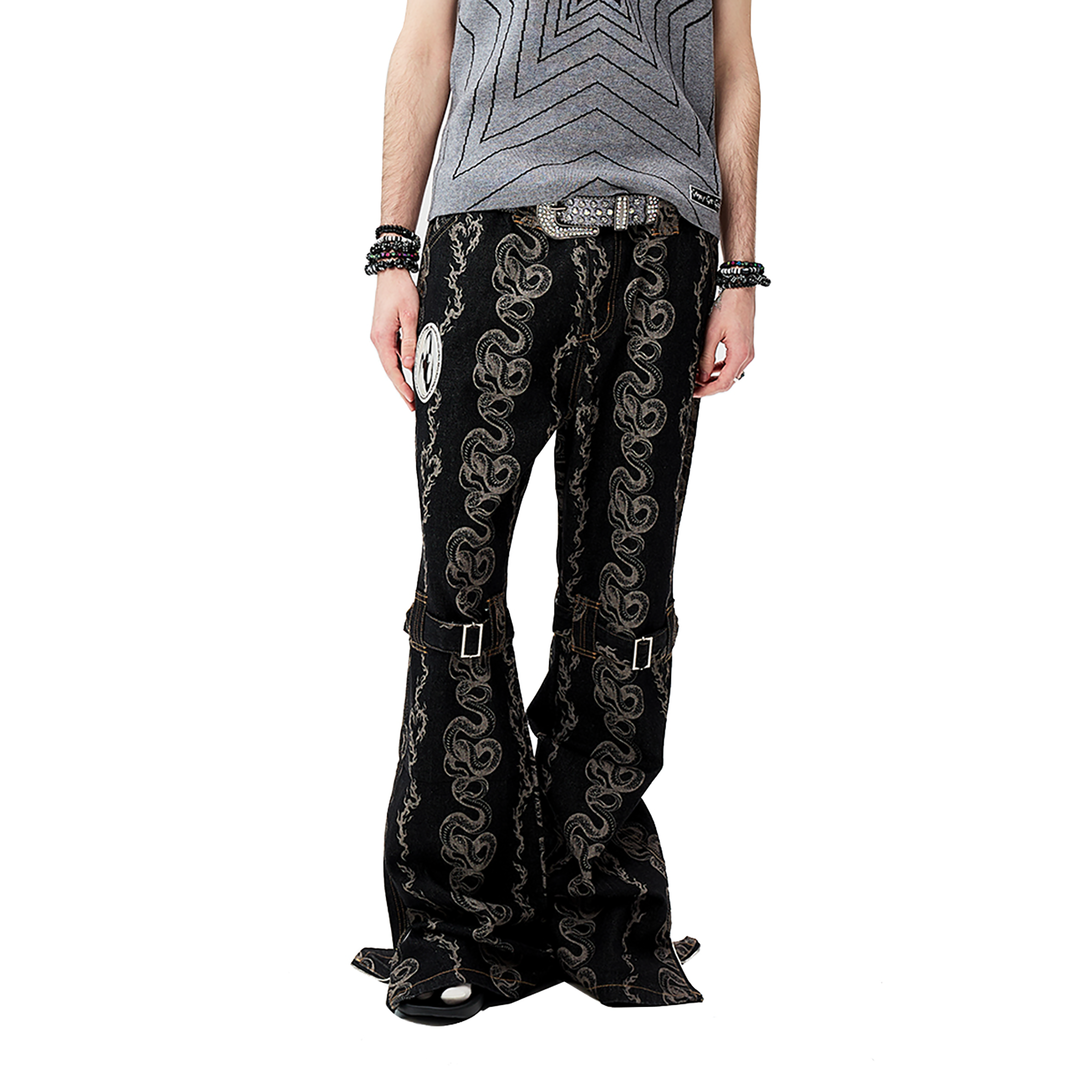 CYCYCY Serpentine Strap Buckled Flared Jeans