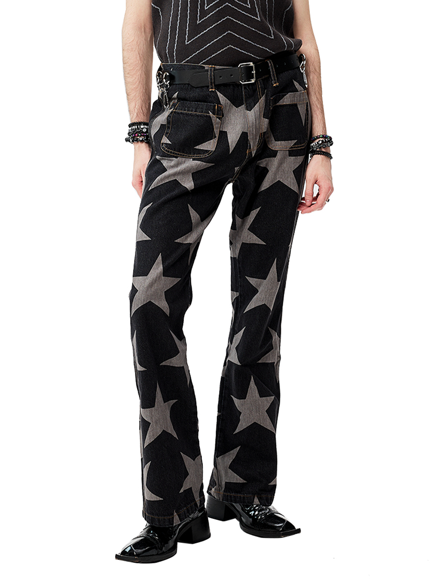 CYCYCY Punk Washed Star Full-Print Flared Jeans