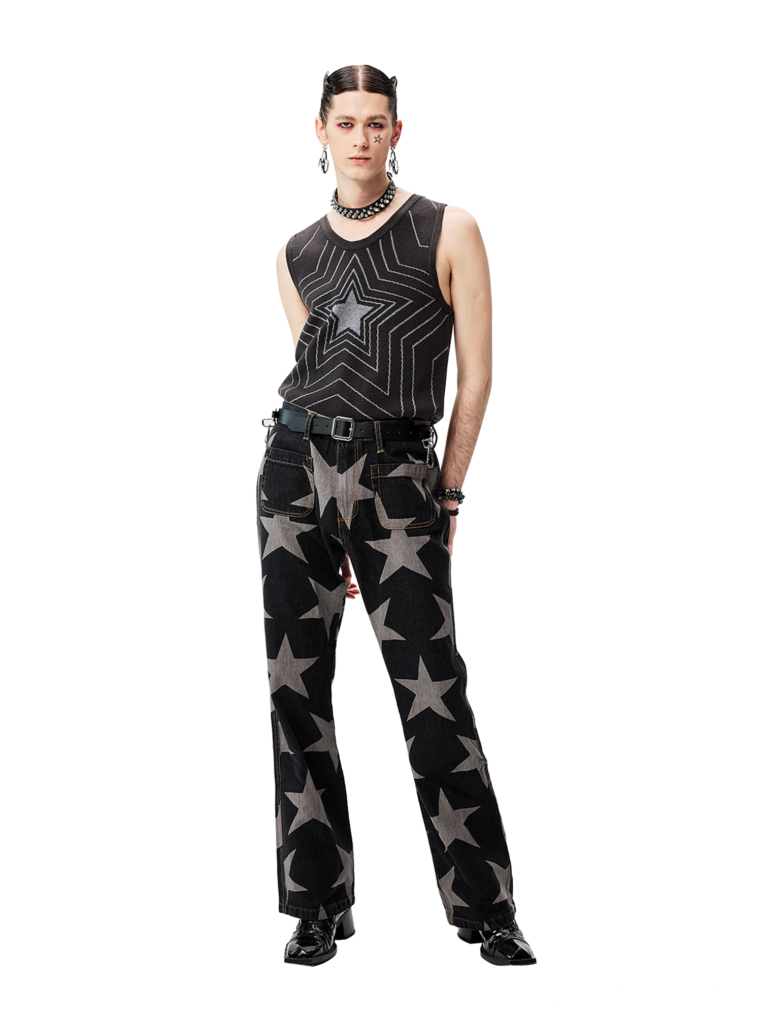 CYCYCY Punk Washed Star Full-Print Flared Jeans