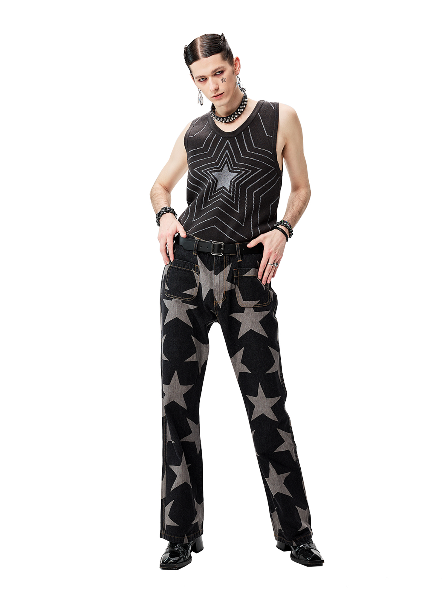 CYCYCY Punk Washed Star Full-Print Flared Jeans
