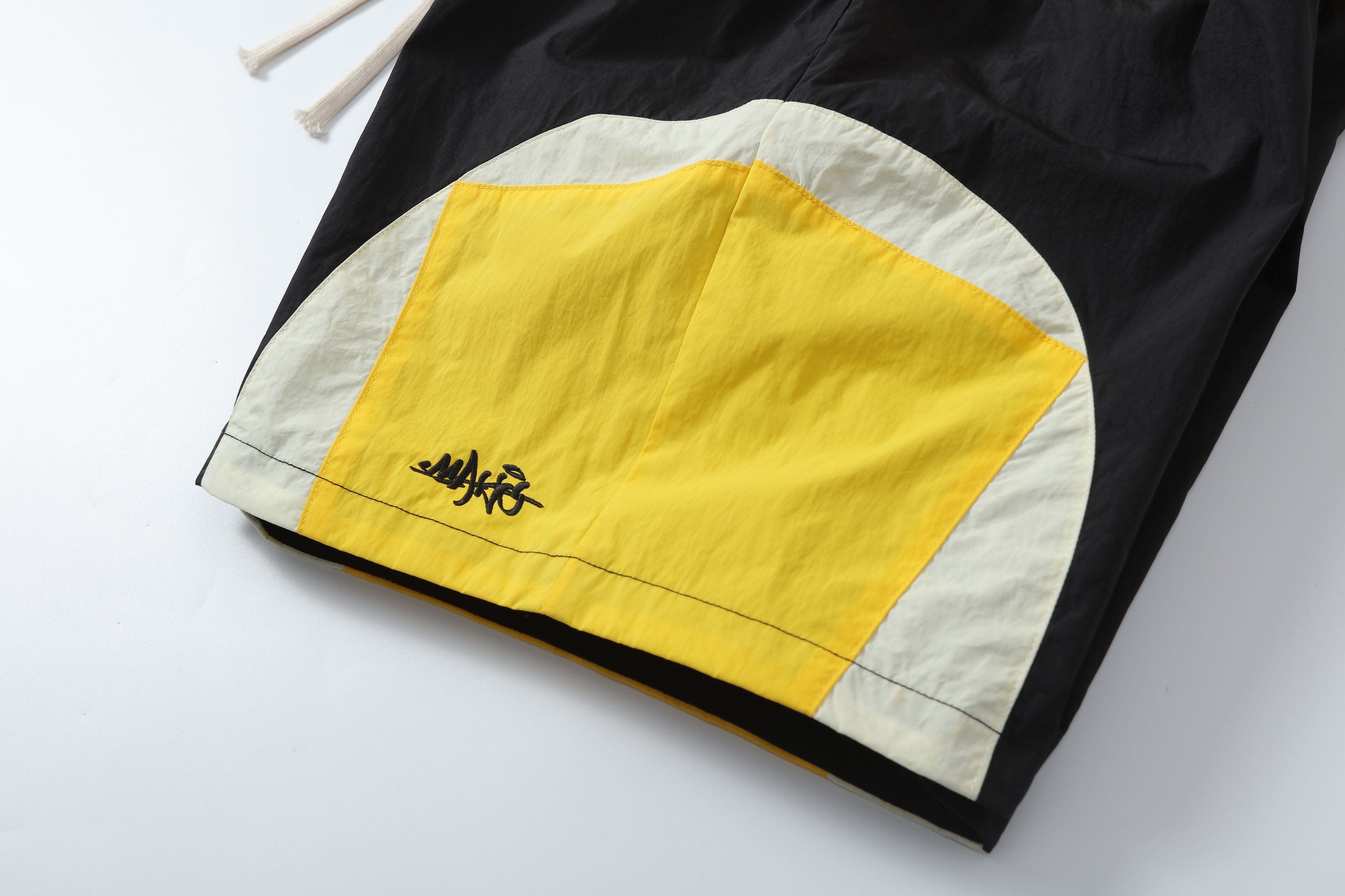 MAKEMORE Retro Contrast Panel Embroidery Drawstring Shorts, premium urban and streetwear designers apparel on PROJECTISR.com, MAKEMORE