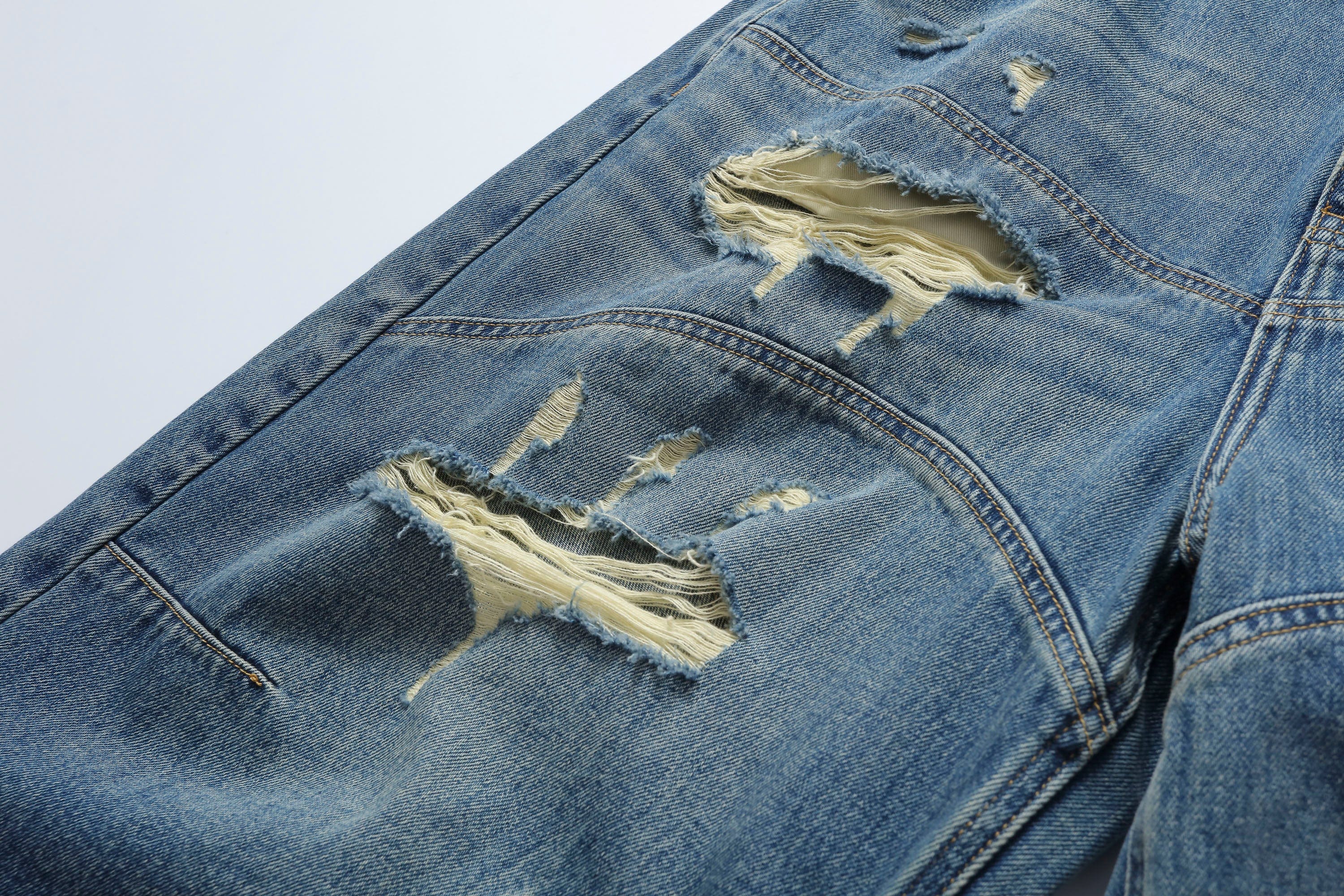 MAKEMORE Distressed Arc Spliced Ripped Denim Shorts, premium urban and streetwear designers apparel on PROJECTISR.com, MAKEMORE