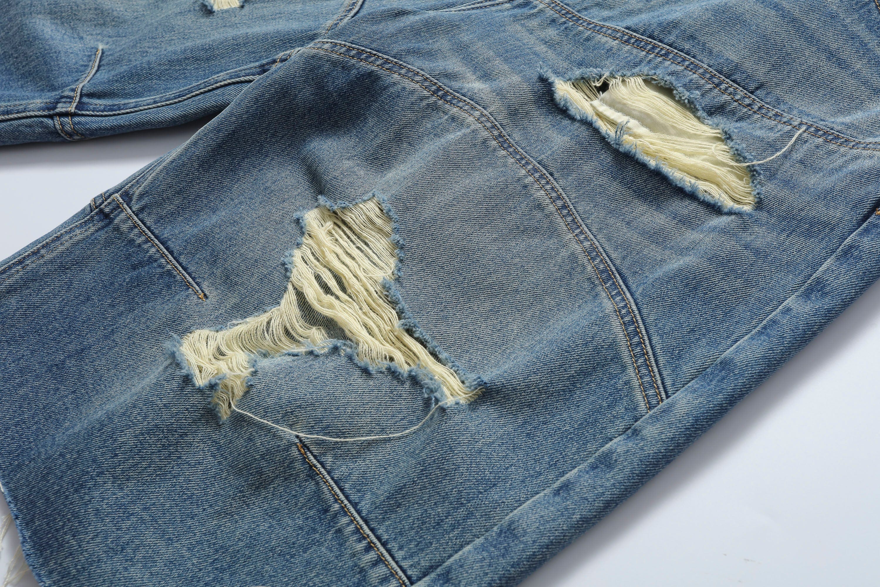 MAKEMORE Distressed Arc Spliced Ripped Denim Shorts, premium urban and streetwear designers apparel on PROJECTISR.com, MAKEMORE