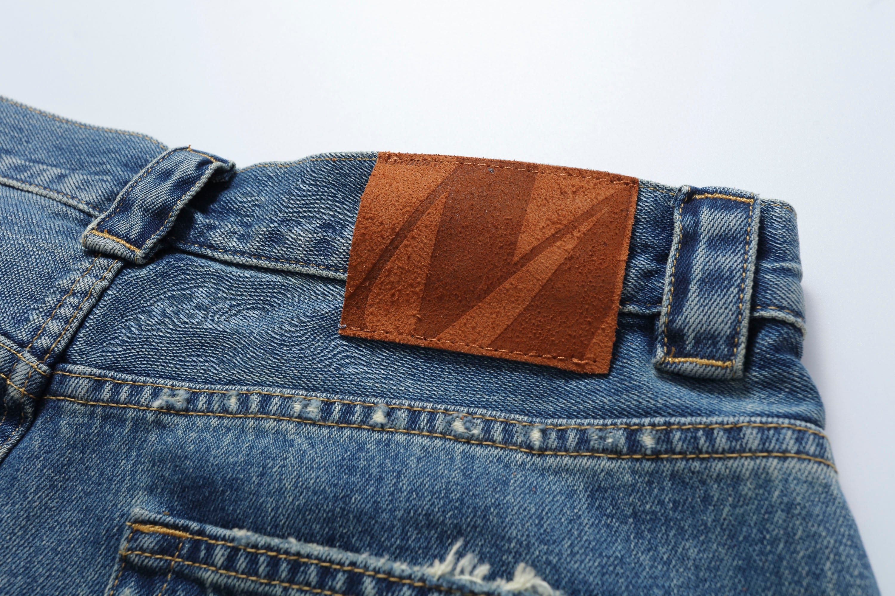 MAKEMORE Distressed Arc Spliced Ripped Denim Shorts, premium urban and streetwear designers apparel on PROJECTISR.com, MAKEMORE