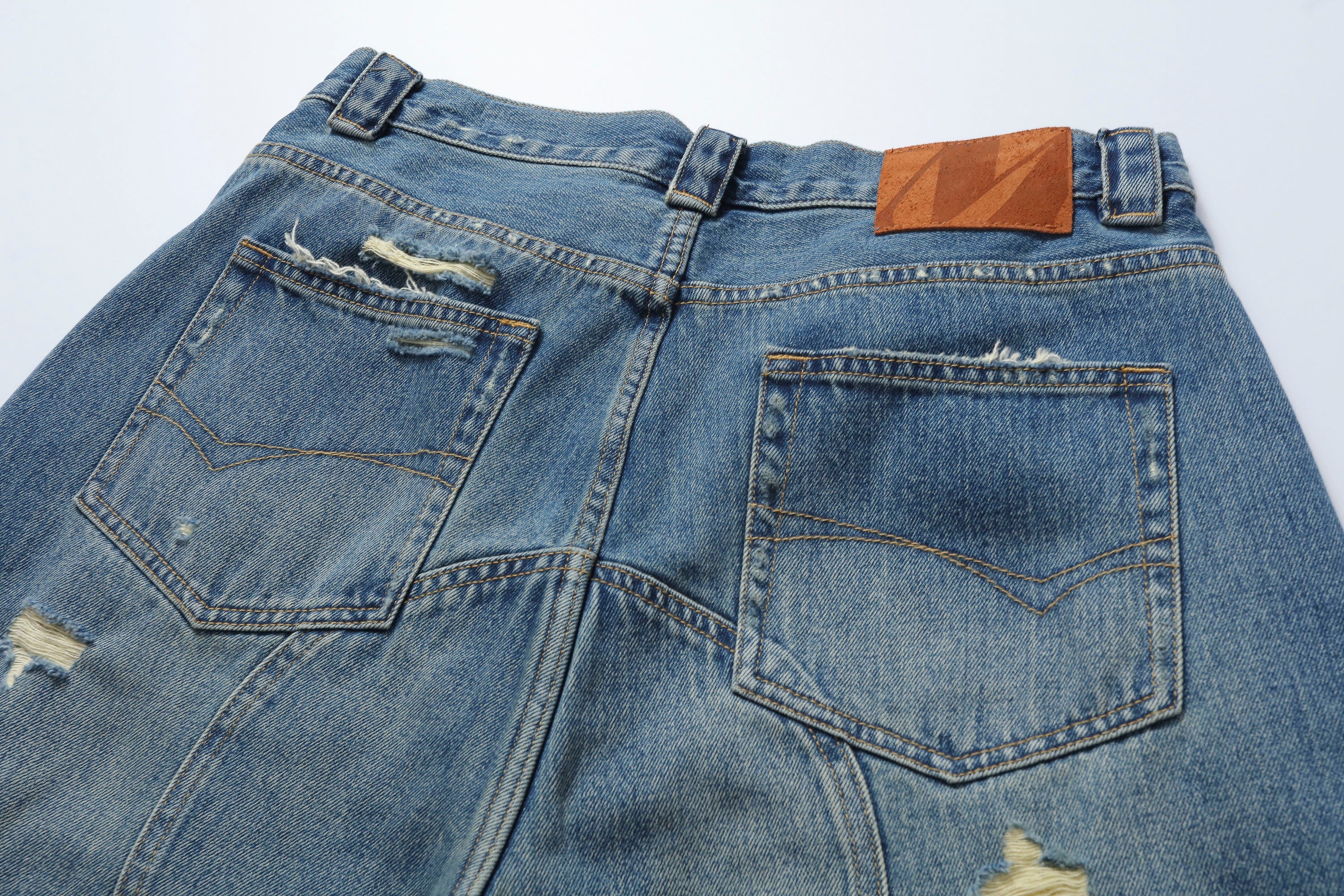 MAKEMORE Distressed Arc Spliced Ripped Denim Shorts, premium urban and streetwear designers apparel on PROJECTISR.com, MAKEMORE