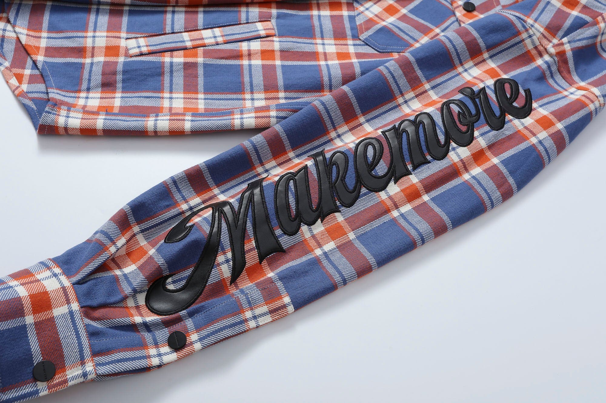 MAKEMORE Flap Pocket Plaid LOGO Patch Shirt, premium urban and streetwear designers apparel on PROJECTISR.com, MAKEMORE