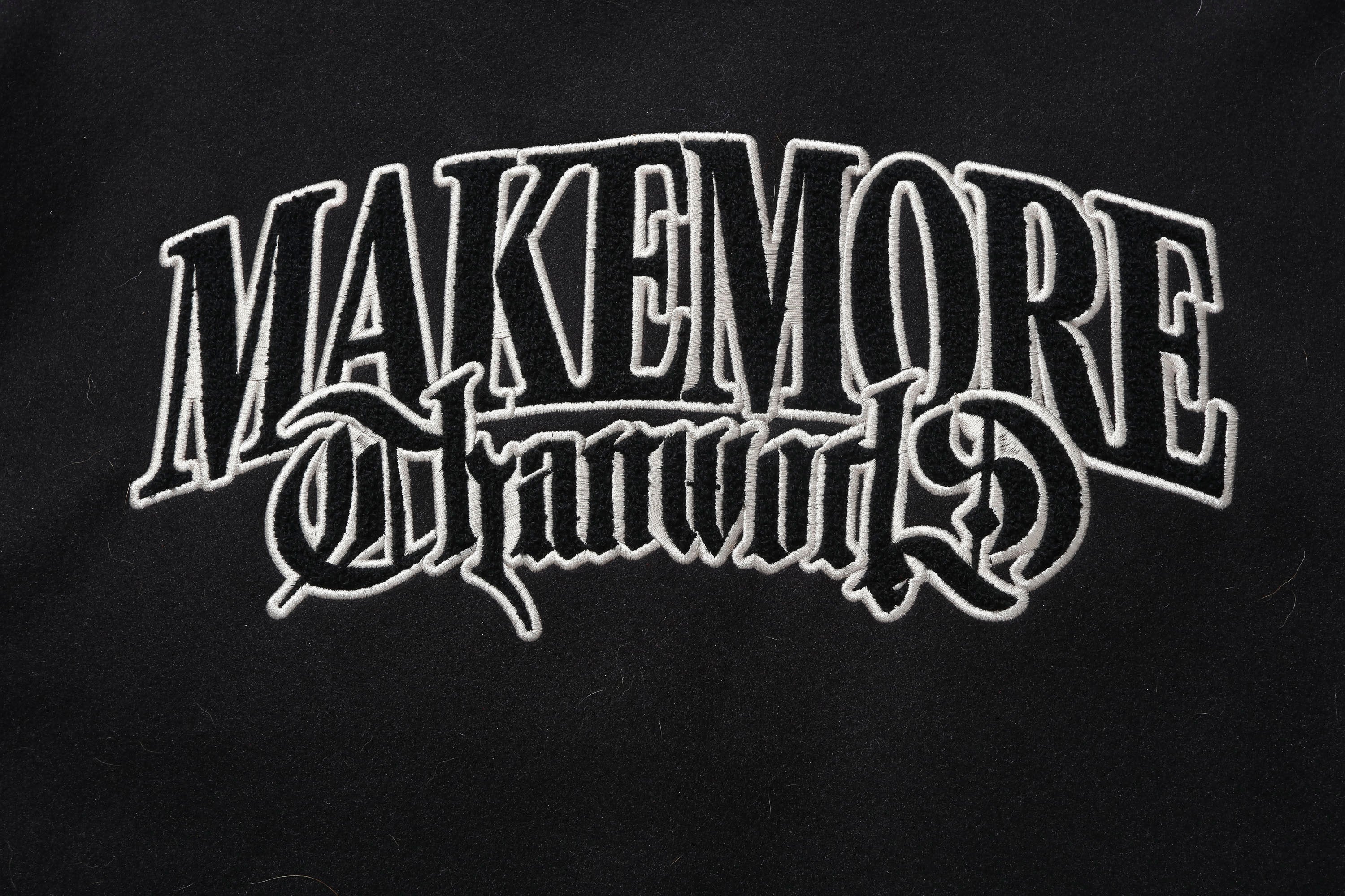 MAKEMORE Gothic Patch PU Sleeve Padded Varsity Jacket