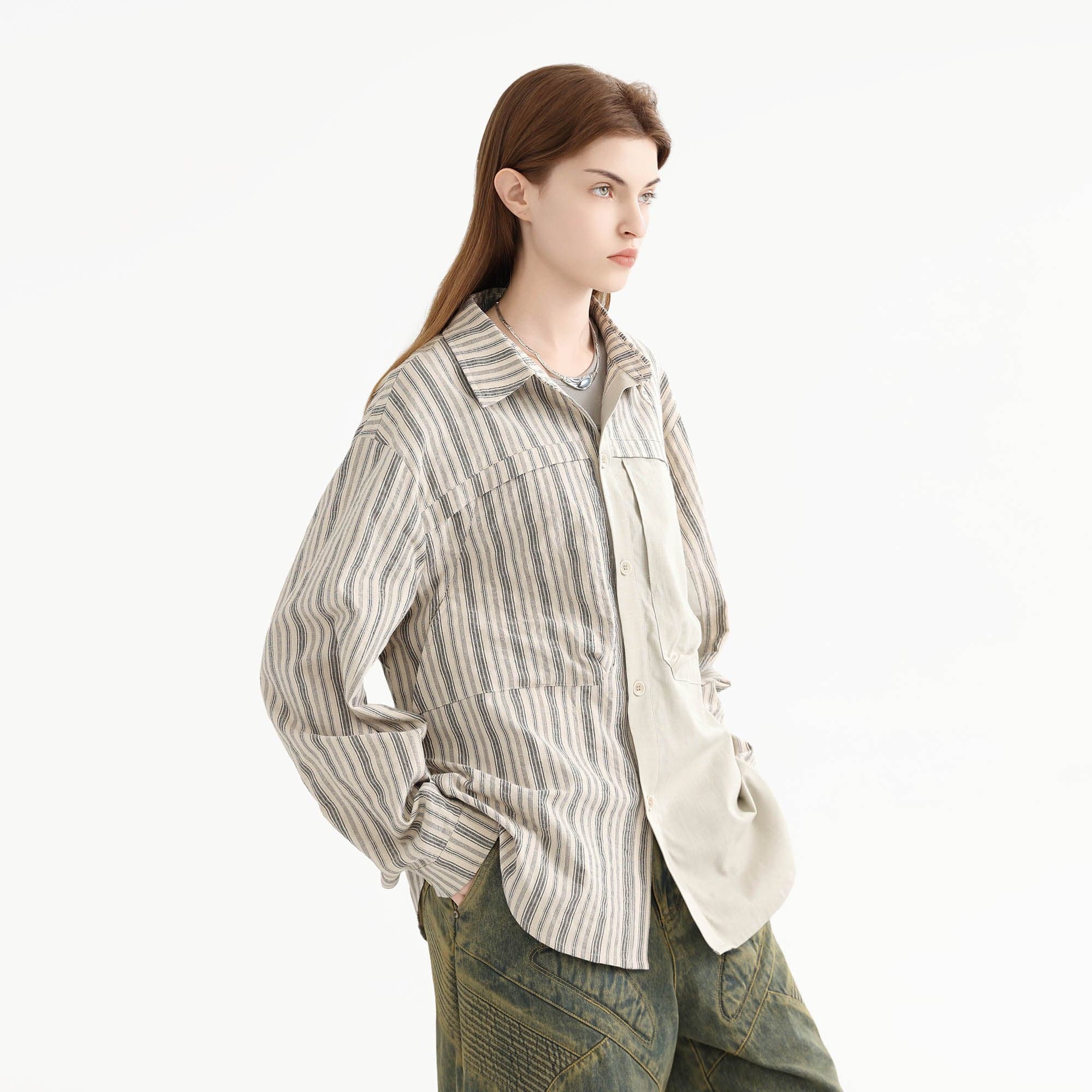 ERROR CODE ROBOT Paneled Striped Spliced Shirt, premium urban and streetwear designers apparel on PROJECTISR.com, ERROR CODE ROBOT