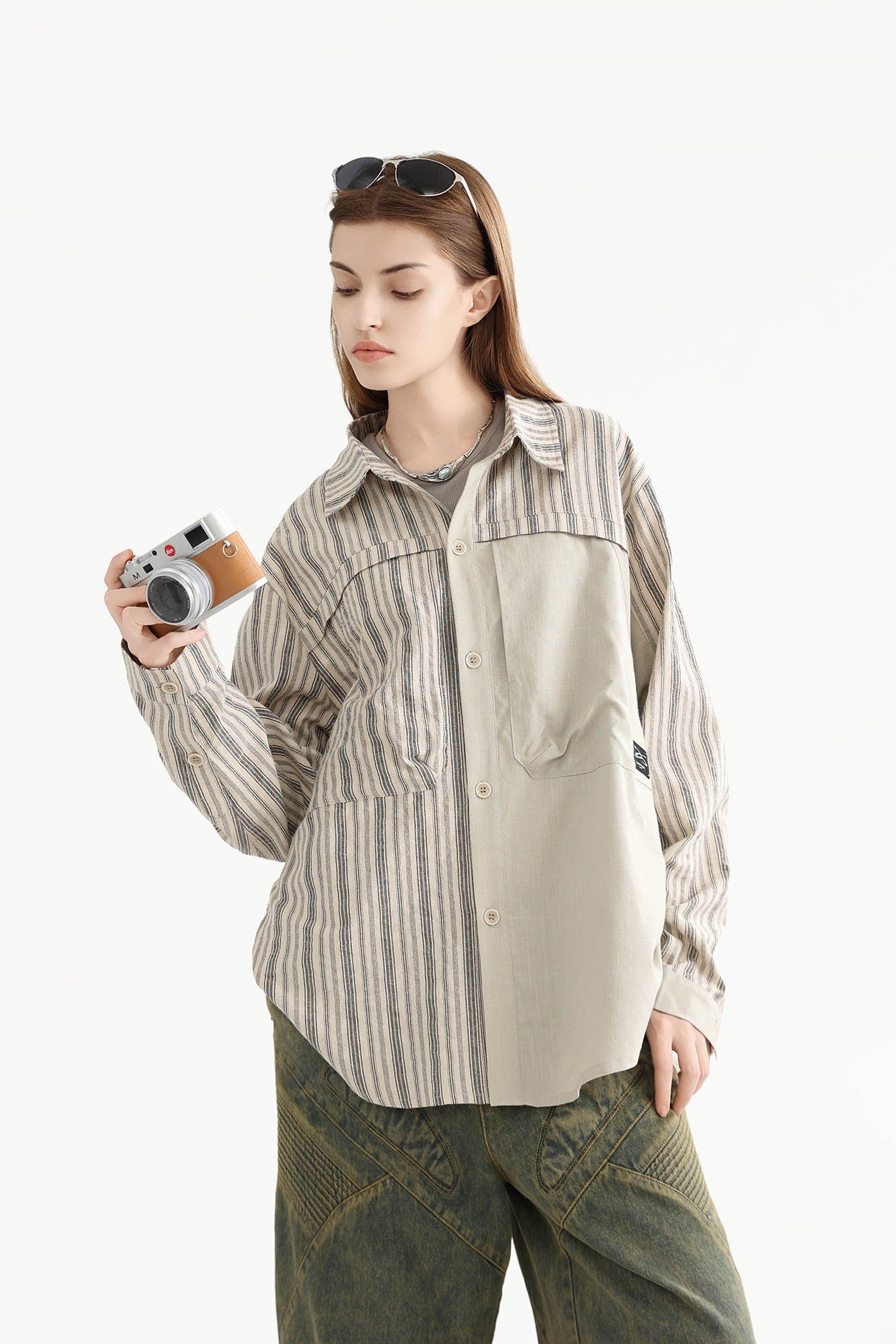 ERROR CODE ROBOT Paneled Striped Spliced Shirt, premium urban and streetwear designers apparel on PROJECTISR.com, ERROR CODE ROBOT