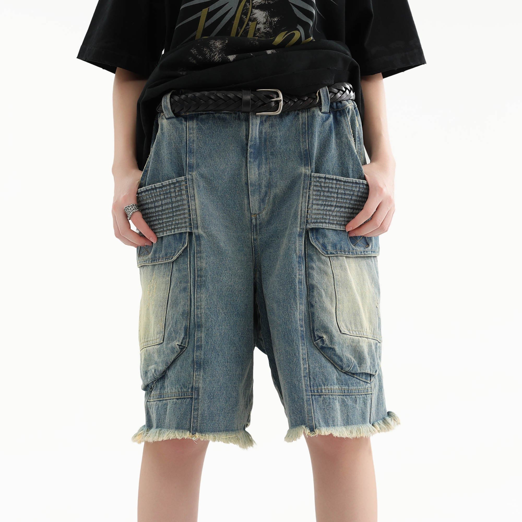 ERROR CODE ROBOT Washed Fringe Multi-Pocket Denim Shorts, premium urban and streetwear designers apparel on PROJECTISR.com, ERROR CODE ROBOT