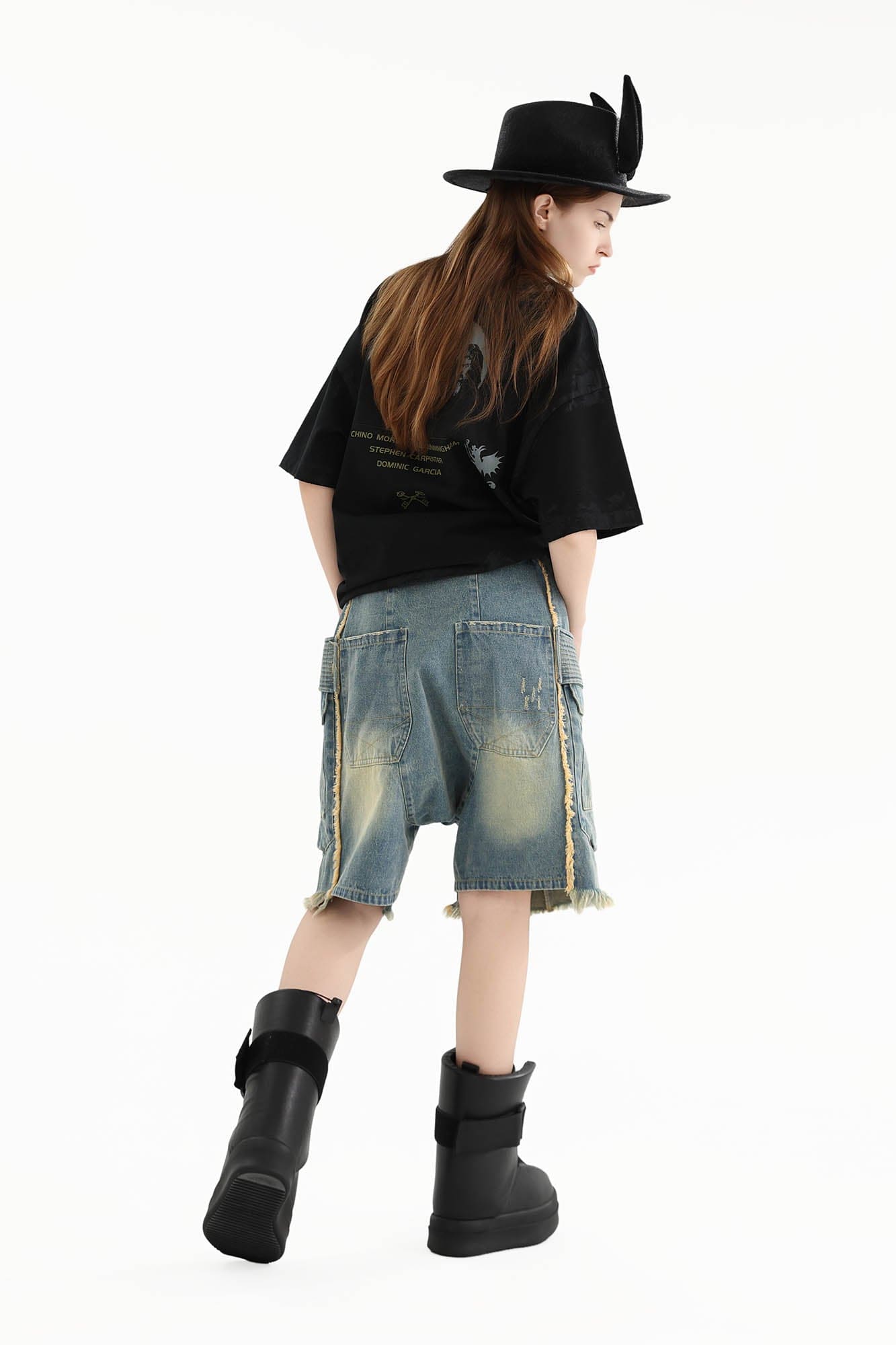 ERROR CODE ROBOT Washed Fringe Multi-Pocket Denim Shorts, premium urban and streetwear designers apparel on PROJECTISR.com, ERROR CODE ROBOT