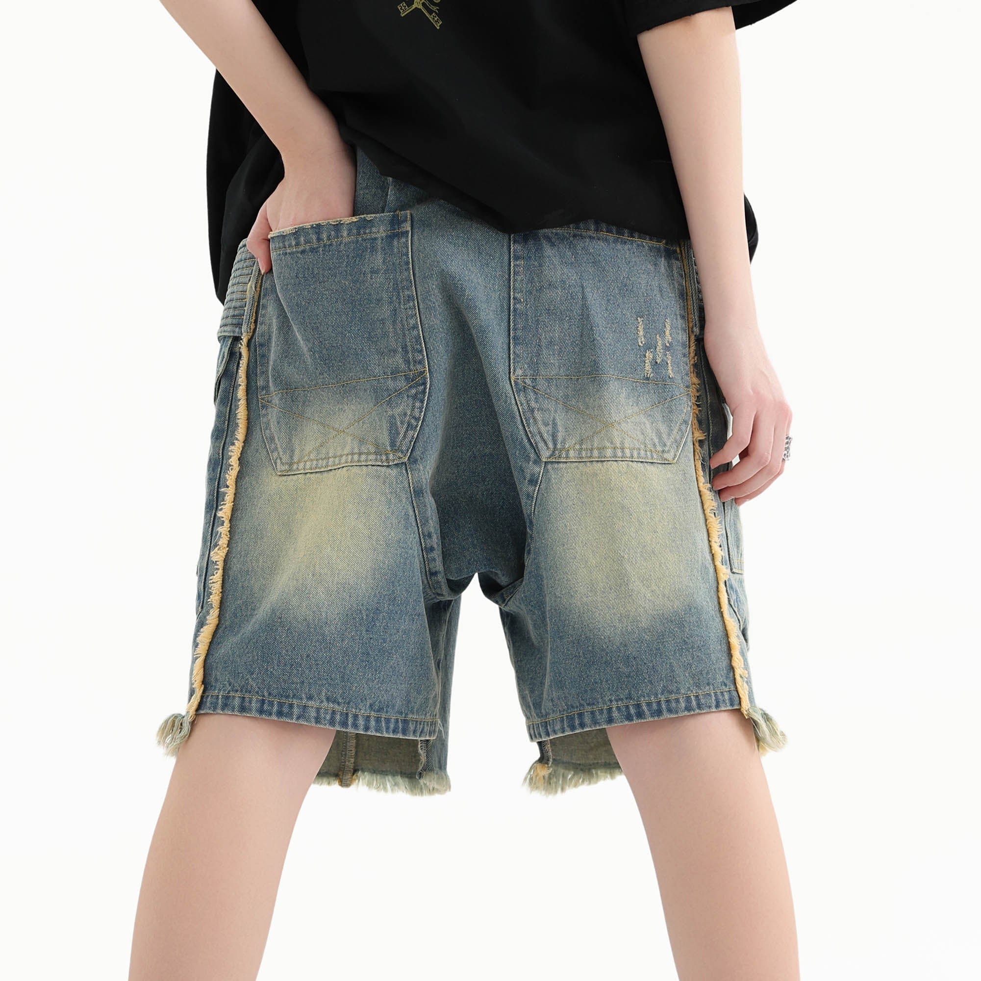 ERROR CODE ROBOT Washed Fringe Multi-Pocket Denim Shorts, premium urban and streetwear designers apparel on PROJECTISR.com, ERROR CODE ROBOT
