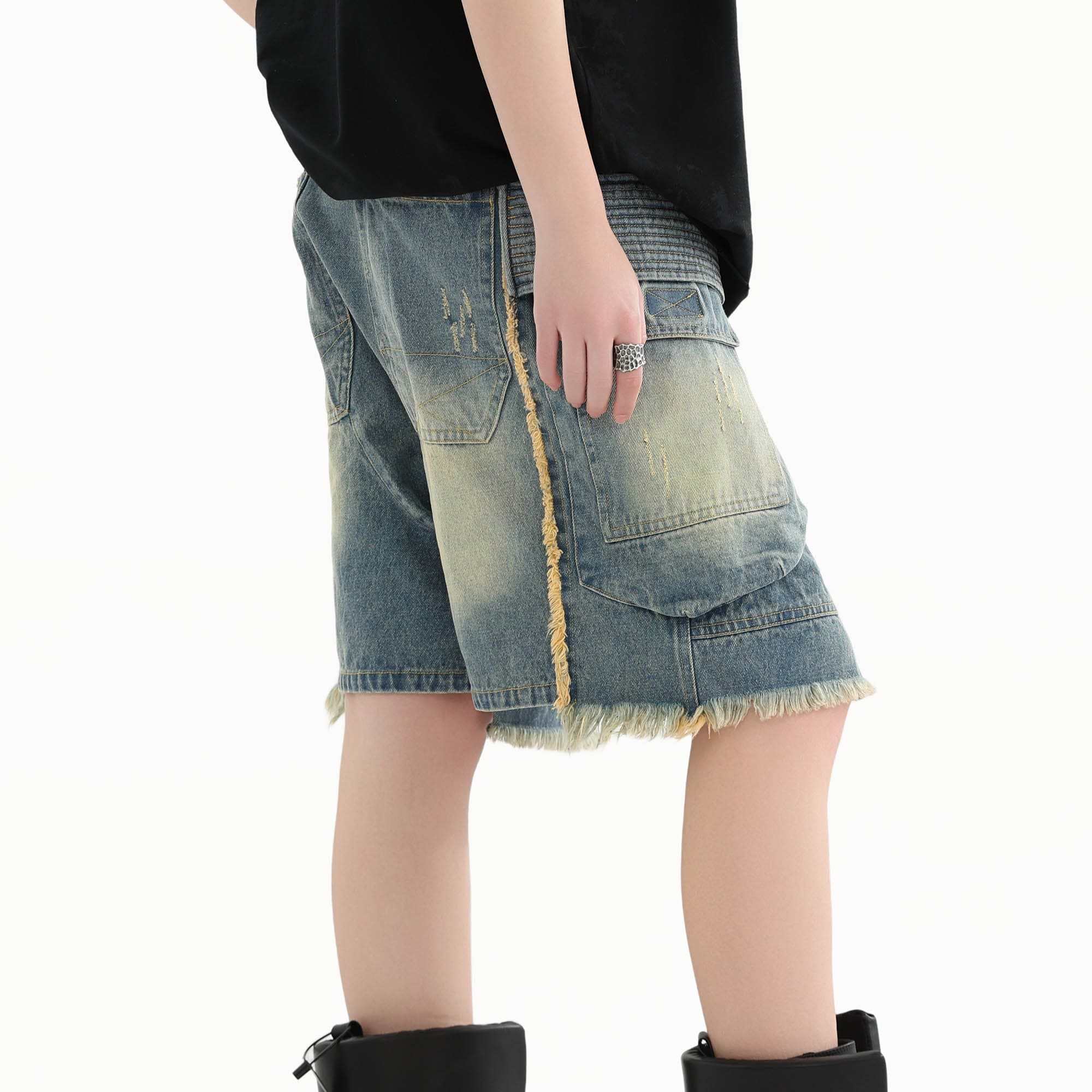 ERROR CODE ROBOT Washed Fringe Multi-Pocket Denim Shorts, premium urban and streetwear designers apparel on PROJECTISR.com, ERROR CODE ROBOT