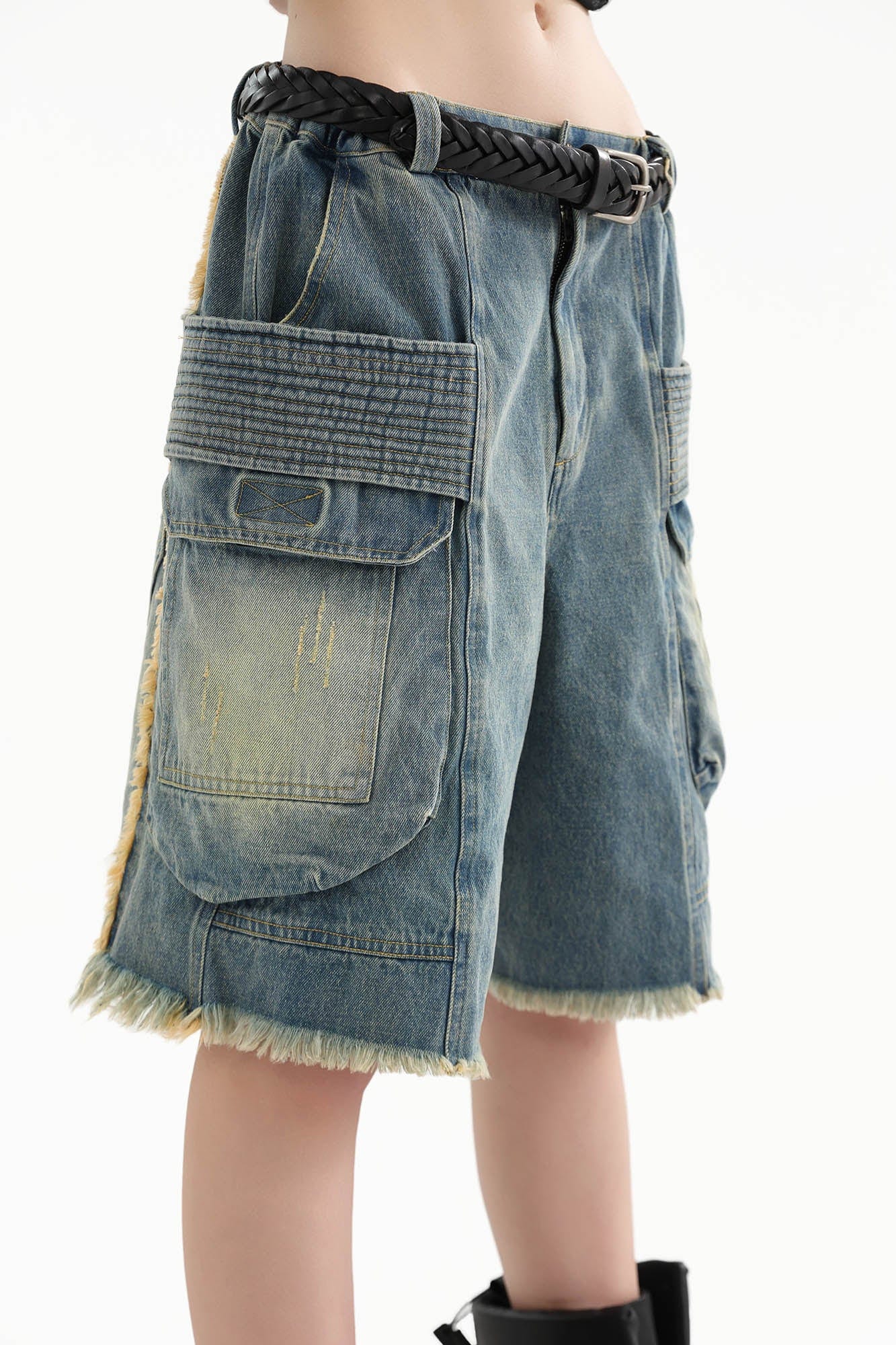 ERROR CODE ROBOT Washed Fringe Multi-Pocket Denim Shorts, premium urban and streetwear designers apparel on PROJECTISR.com, ERROR CODE ROBOT