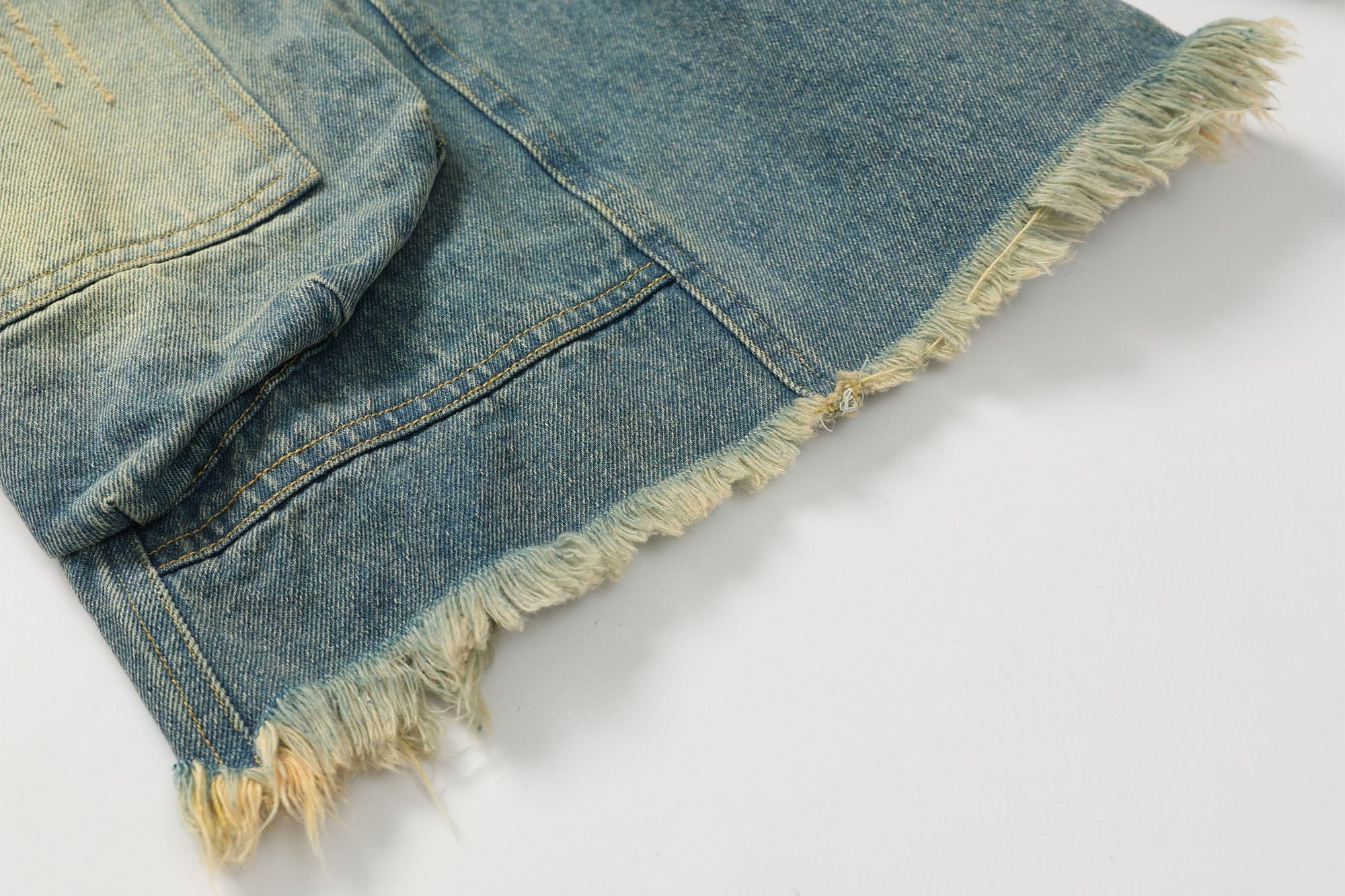 ERROR CODE ROBOT Washed Fringe Multi-Pocket Denim Shorts, premium urban and streetwear designers apparel on PROJECTISR.com, ERROR CODE ROBOT