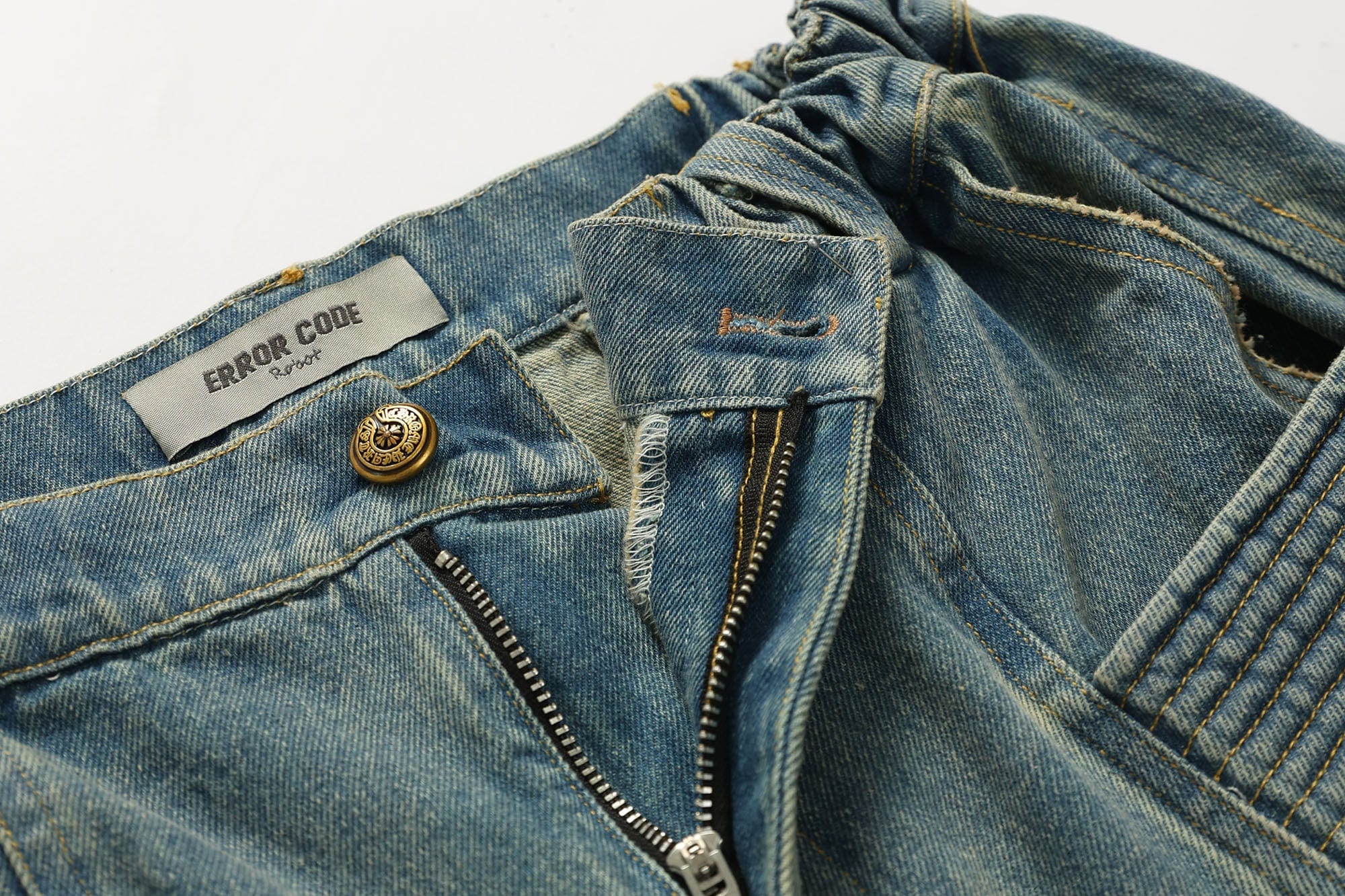 ERROR CODE ROBOT Washed Fringe Multi-Pocket Denim Shorts, premium urban and streetwear designers apparel on PROJECTISR.com, ERROR CODE ROBOT