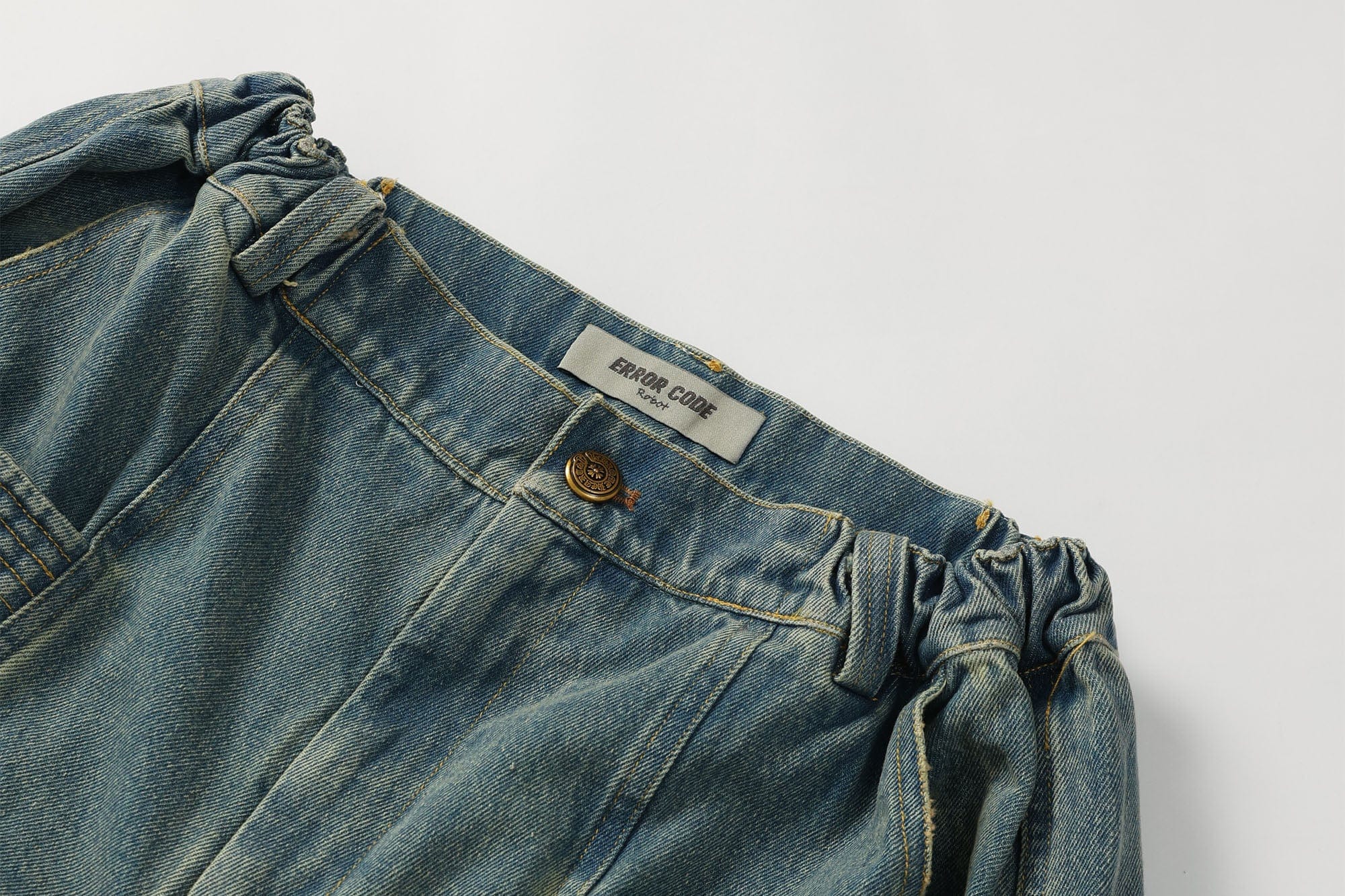 ERROR CODE ROBOT Washed Fringe Multi-Pocket Denim Shorts, premium urban and streetwear designers apparel on PROJECTISR.com, ERROR CODE ROBOT
