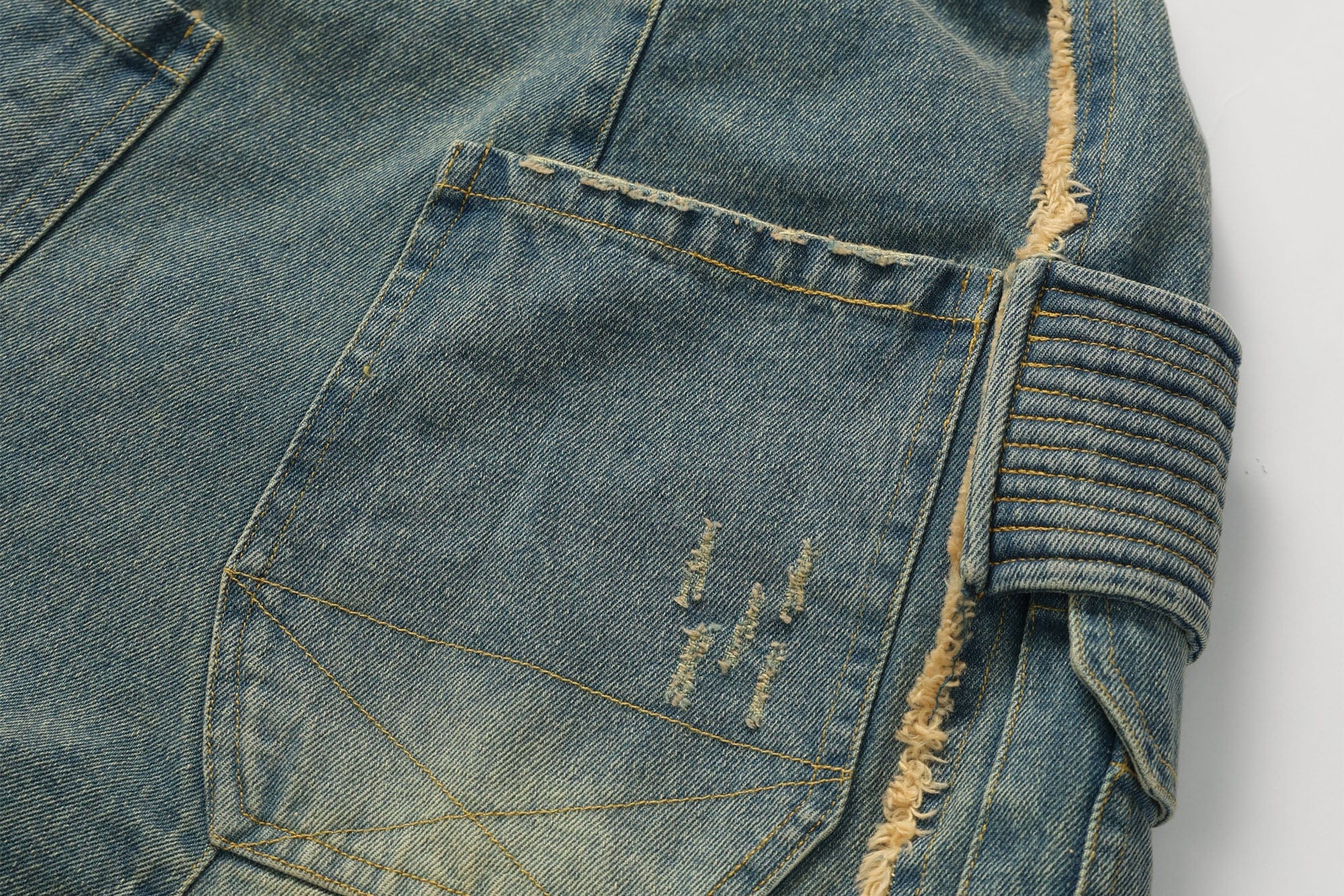 ERROR CODE ROBOT Washed Fringe Multi-Pocket Denim Shorts, premium urban and streetwear designers apparel on PROJECTISR.com, ERROR CODE ROBOT