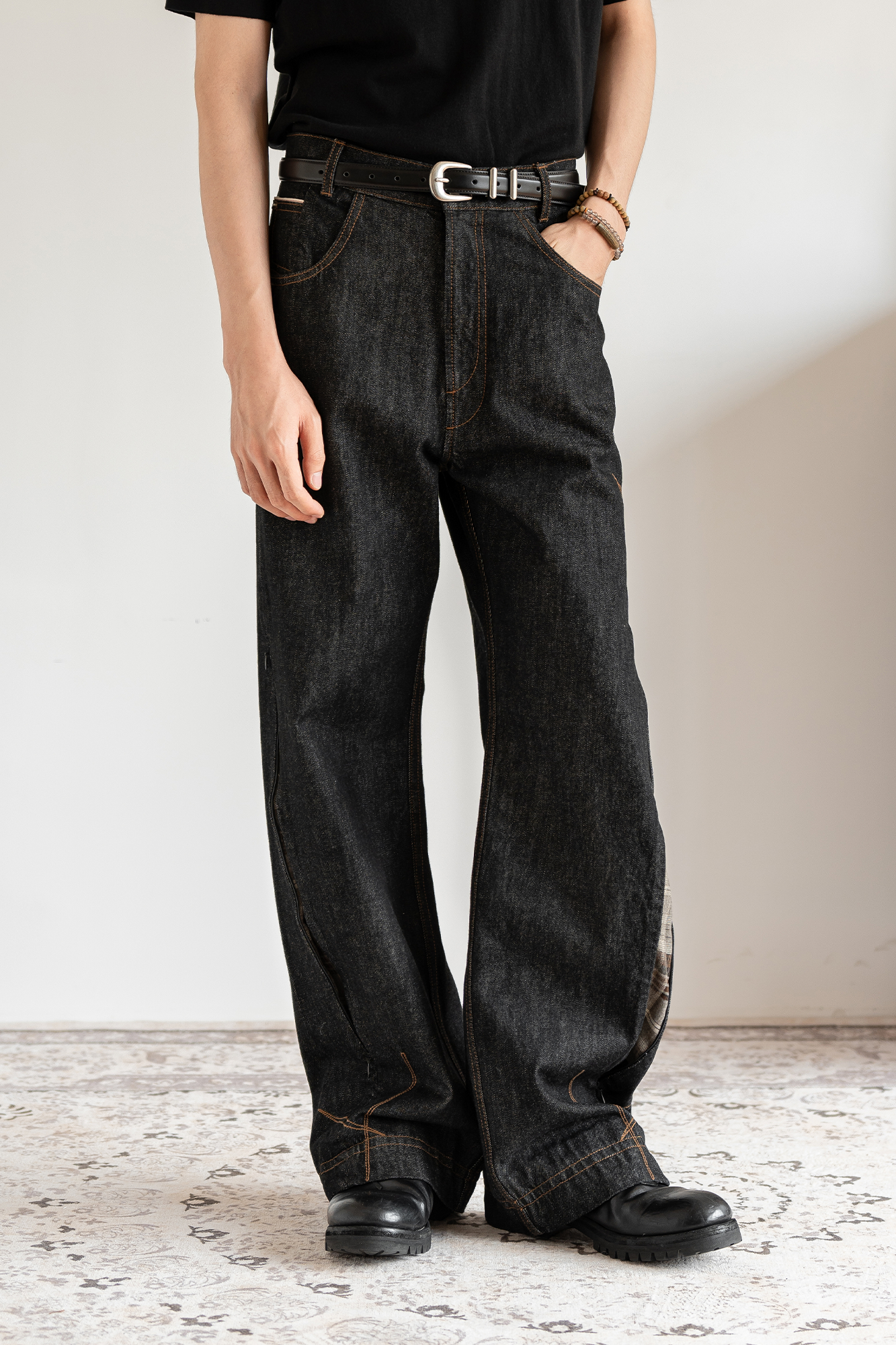 MOITIEDEPETALE Plaid-Inset Wide-Leg Selvedge Jeans