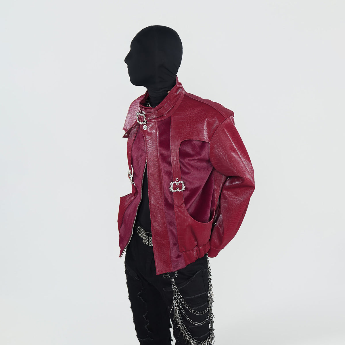 VE2 Croc-Embossed Spliced Faux Leather Punk Biker Jacket