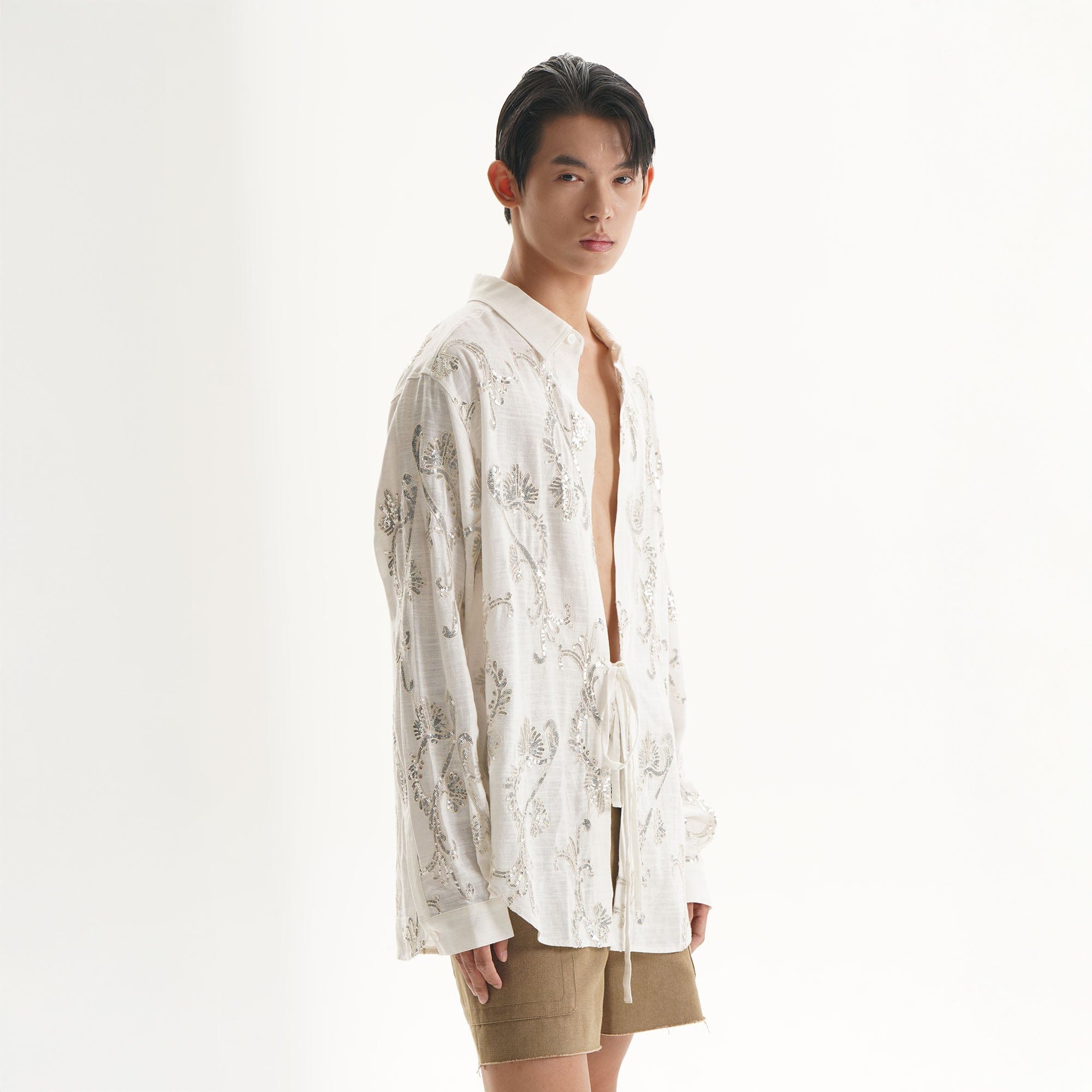 ORAL UTOPIA Ornate Sequin Embroidered Linen-Blended Tie Shirt, premium urban and streetwear designers apparel on PROJECTISR.com, ORAL UTOPIA