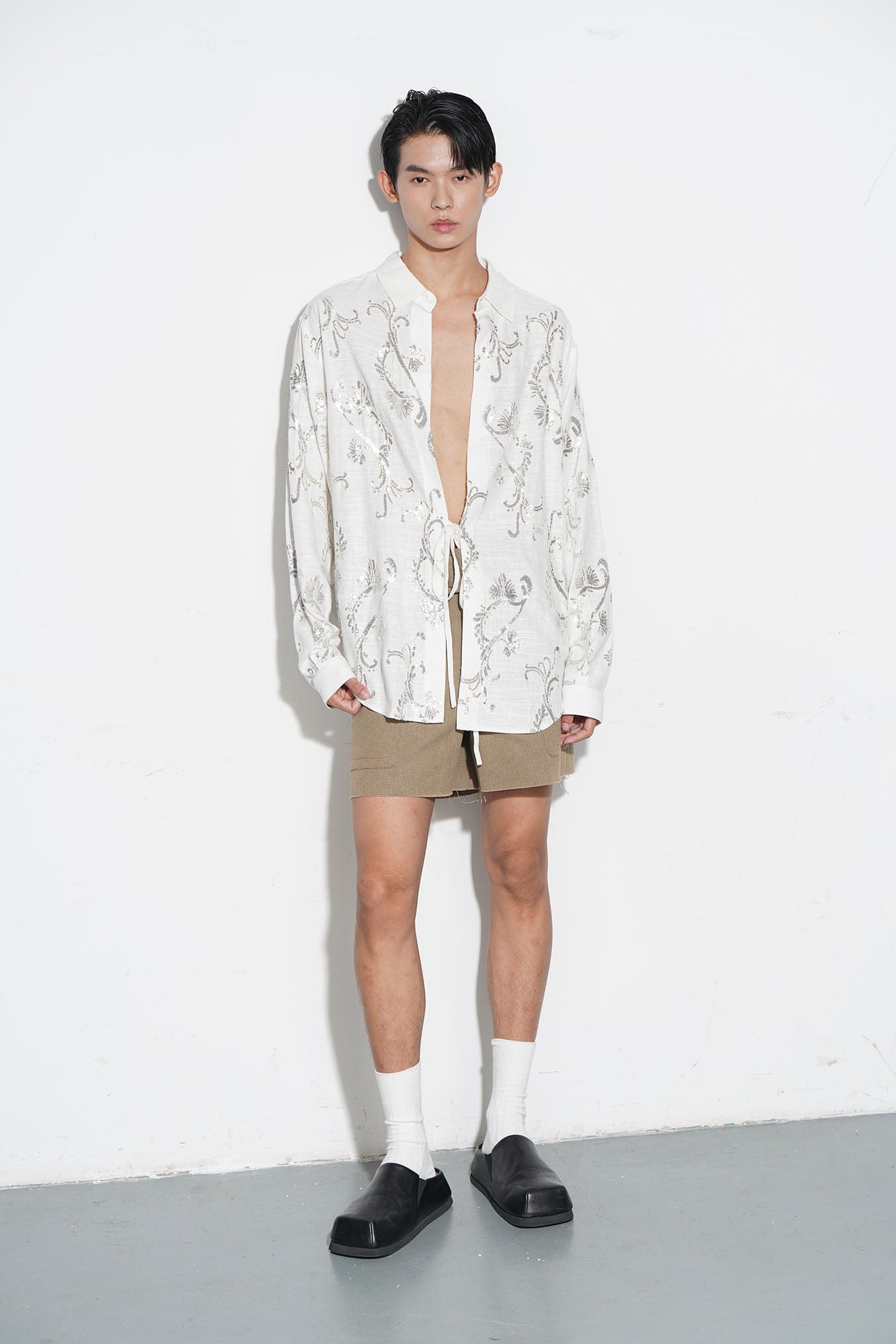 ORAL UTOPIA Ornate Sequin Embroidered Linen-Blended Tie Shirt, premium urban and streetwear designers apparel on PROJECTISR.com, ORAL UTOPIA
