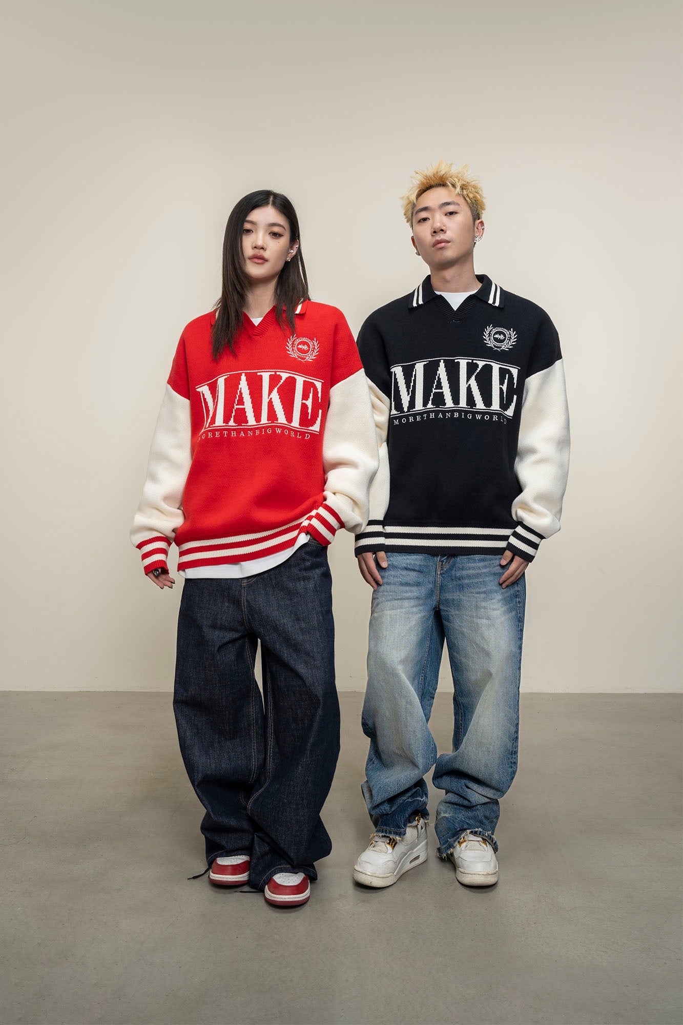 MAKEMORE Varsity Polo Collar Embroidered Badge Sweater