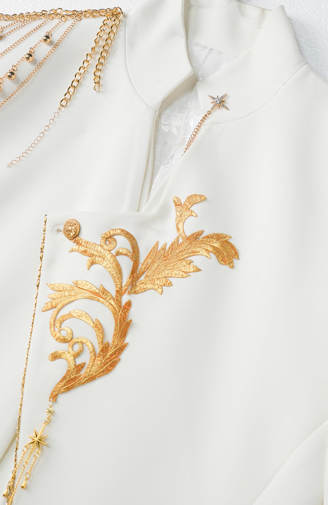 SHANG JIE Asymmetrical Placket Chain-Draped Embroidered Blazer, premium urban and streetwear designers apparel on PROJECTISR.com, SHANG JIE