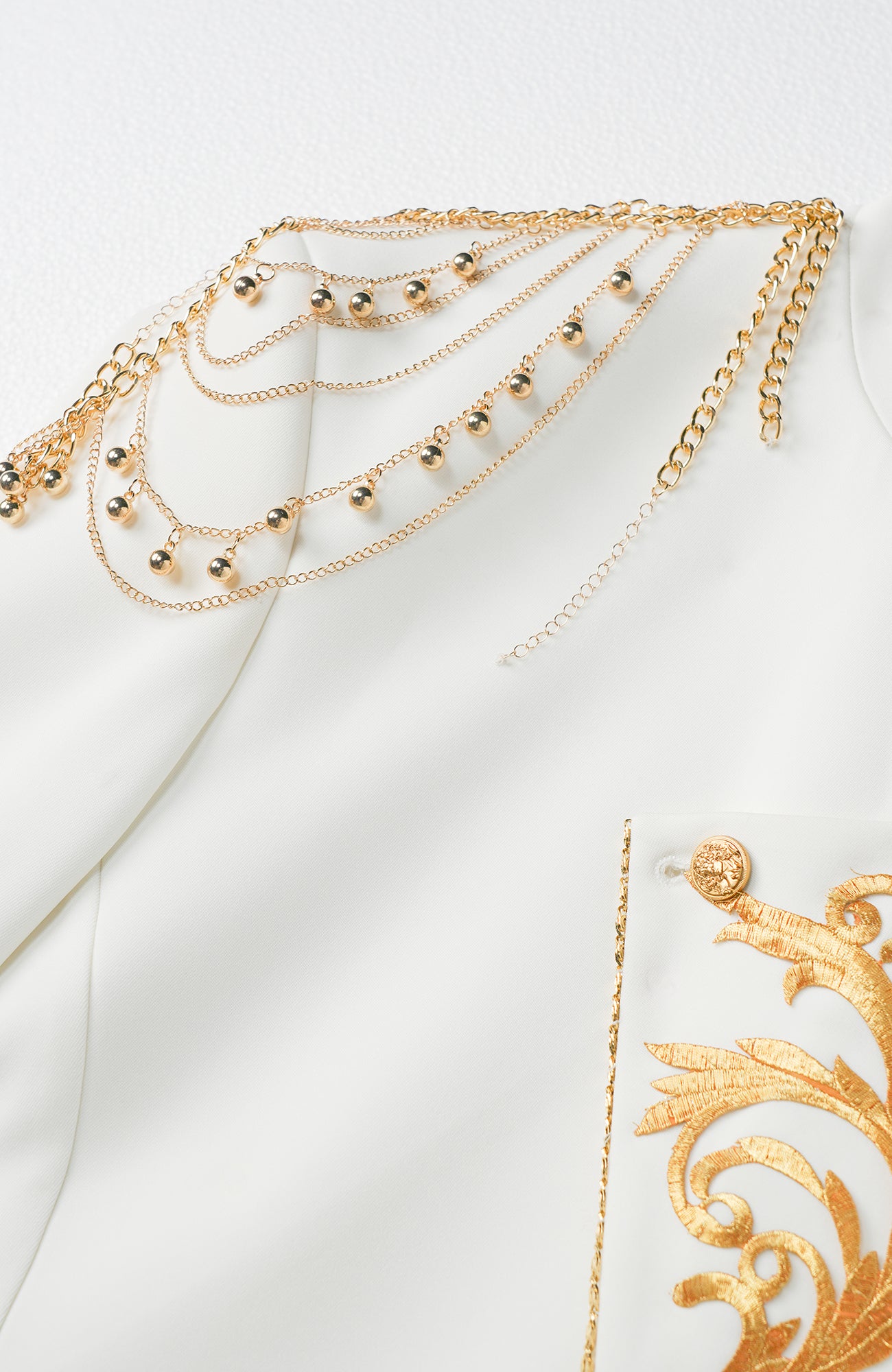 SHANG JIE Asymmetrical Placket Chain-Draped Embroidered Blazer, premium urban and streetwear designers apparel on PROJECTISR.com, SHANG JIE