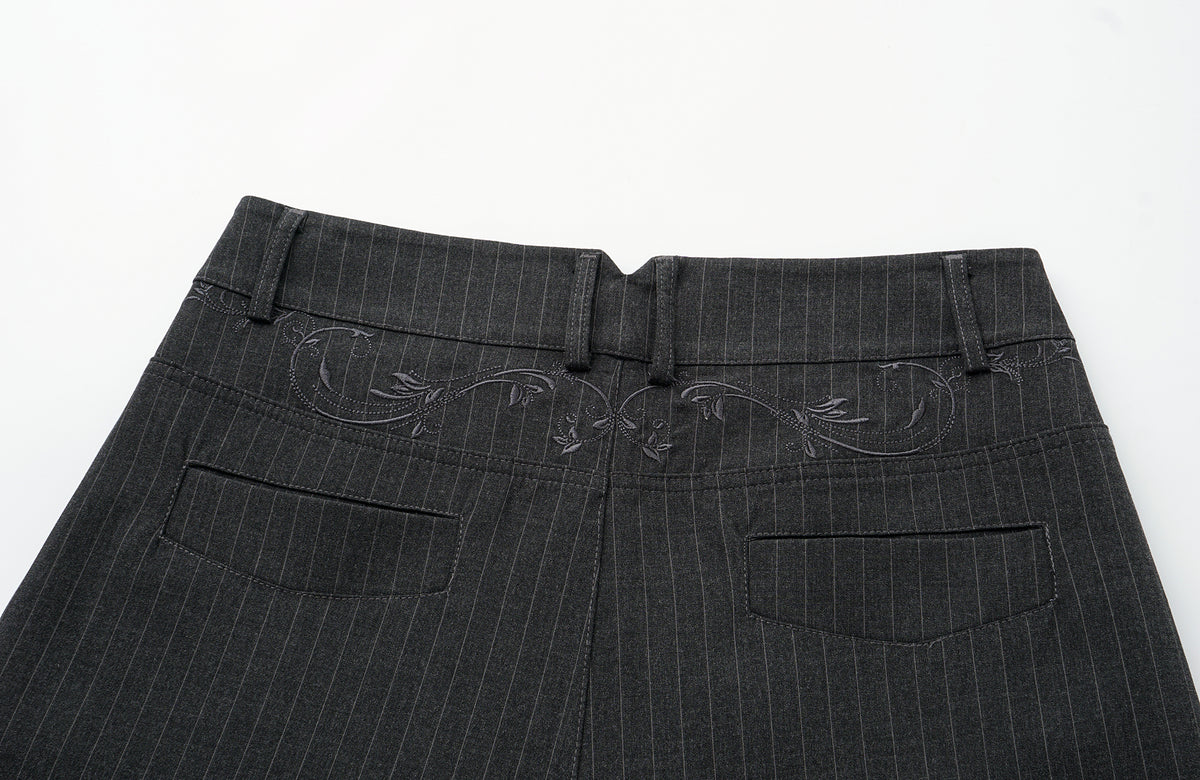 ELETEIZE Pleated Striped Vine Embroidered Wide-Leg Trousers