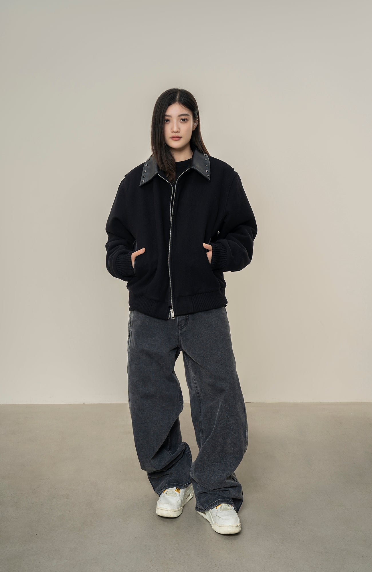 MAKEMORE Studded Collar Wool-Blend Jacket