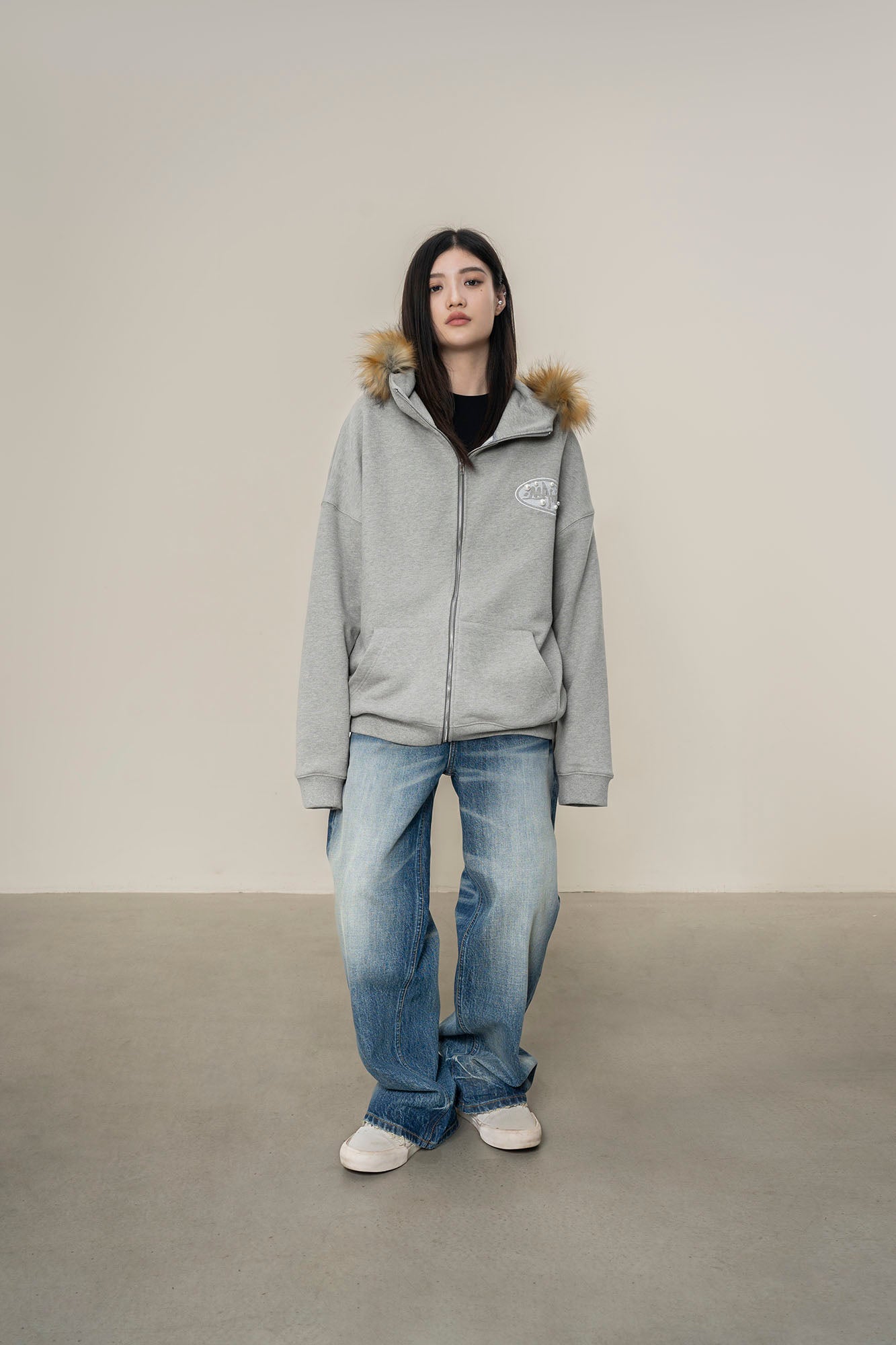 MAKEMORE Faux Fur Trim Pearl Patch Hooded Jacket
