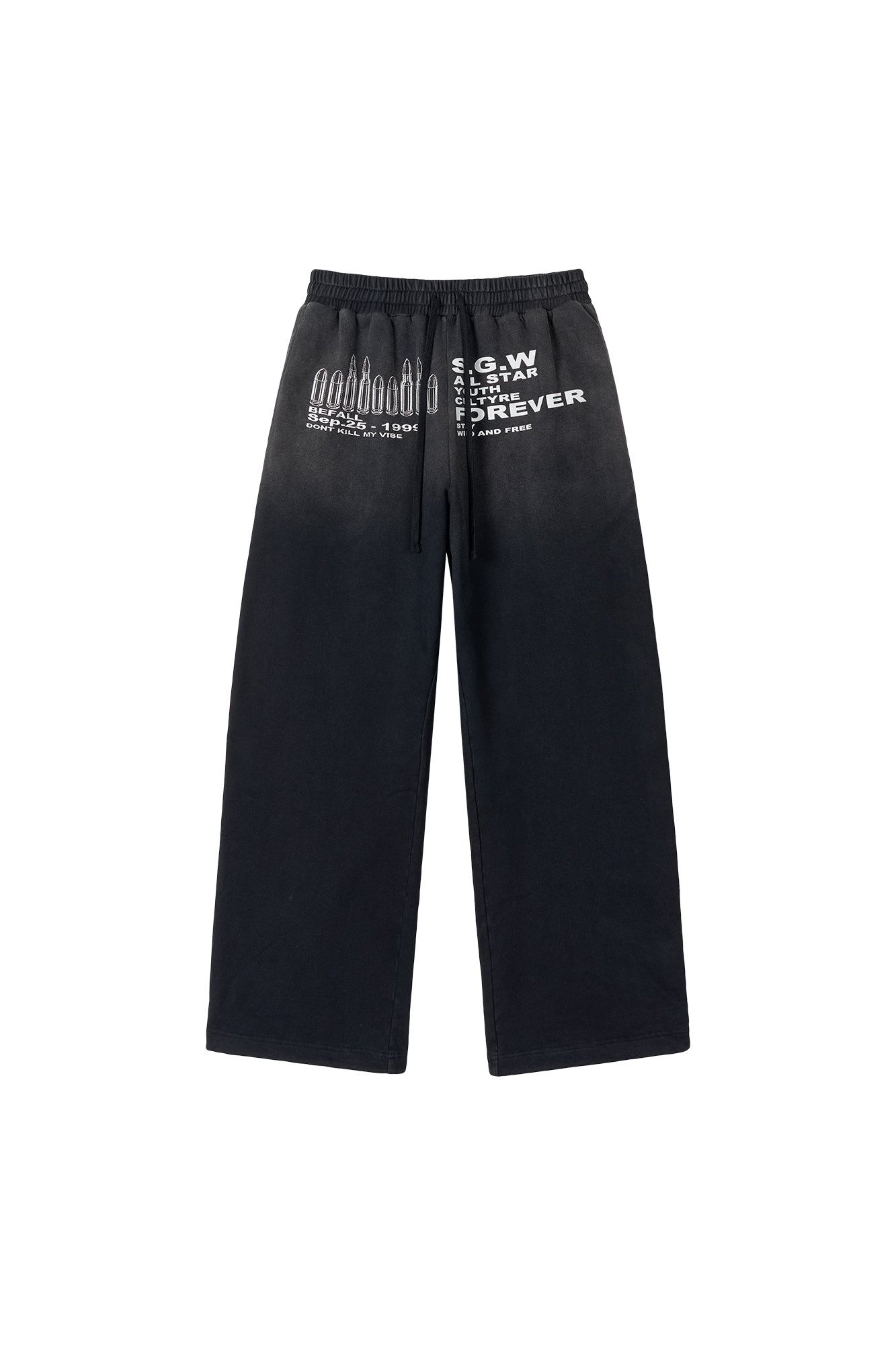 SAVAGEGROWTHWORLD Bullet Graphic Washed Wide-Leg Sweatpants, premium urban and streetwear designers apparel on PROJECTISR.com, SAVAGEGROWTHWORLD