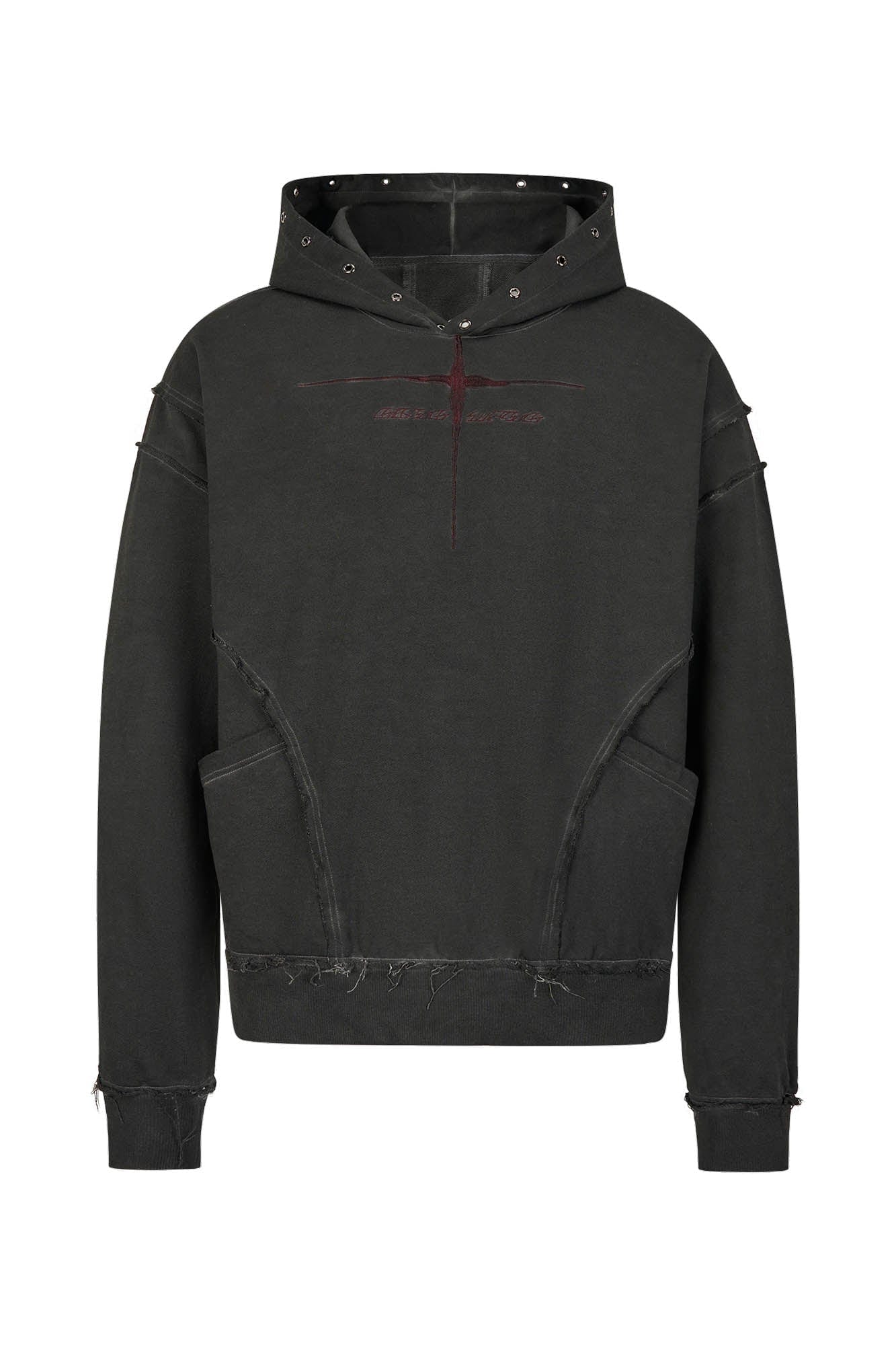 SAVAGEGROWTHWORLD Distressed Spliced Reversible Cross-Stitch Hoodie, premium urban and streetwear designers apparel on PROJECTISR.com, SAVAGEGROWTHWORLD