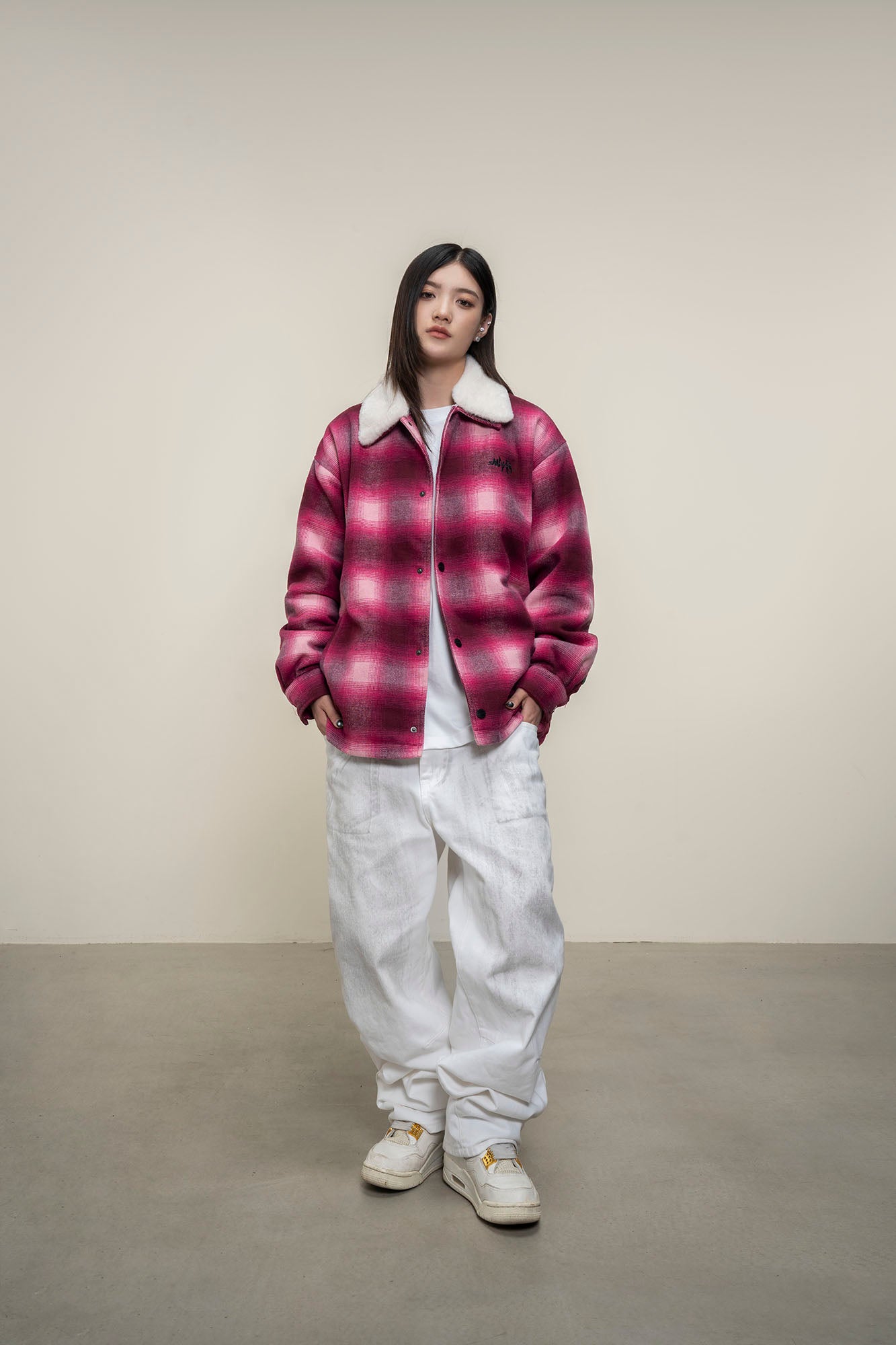 MAKEMORE Detachable Faux Fur Collar Plaid Jacket