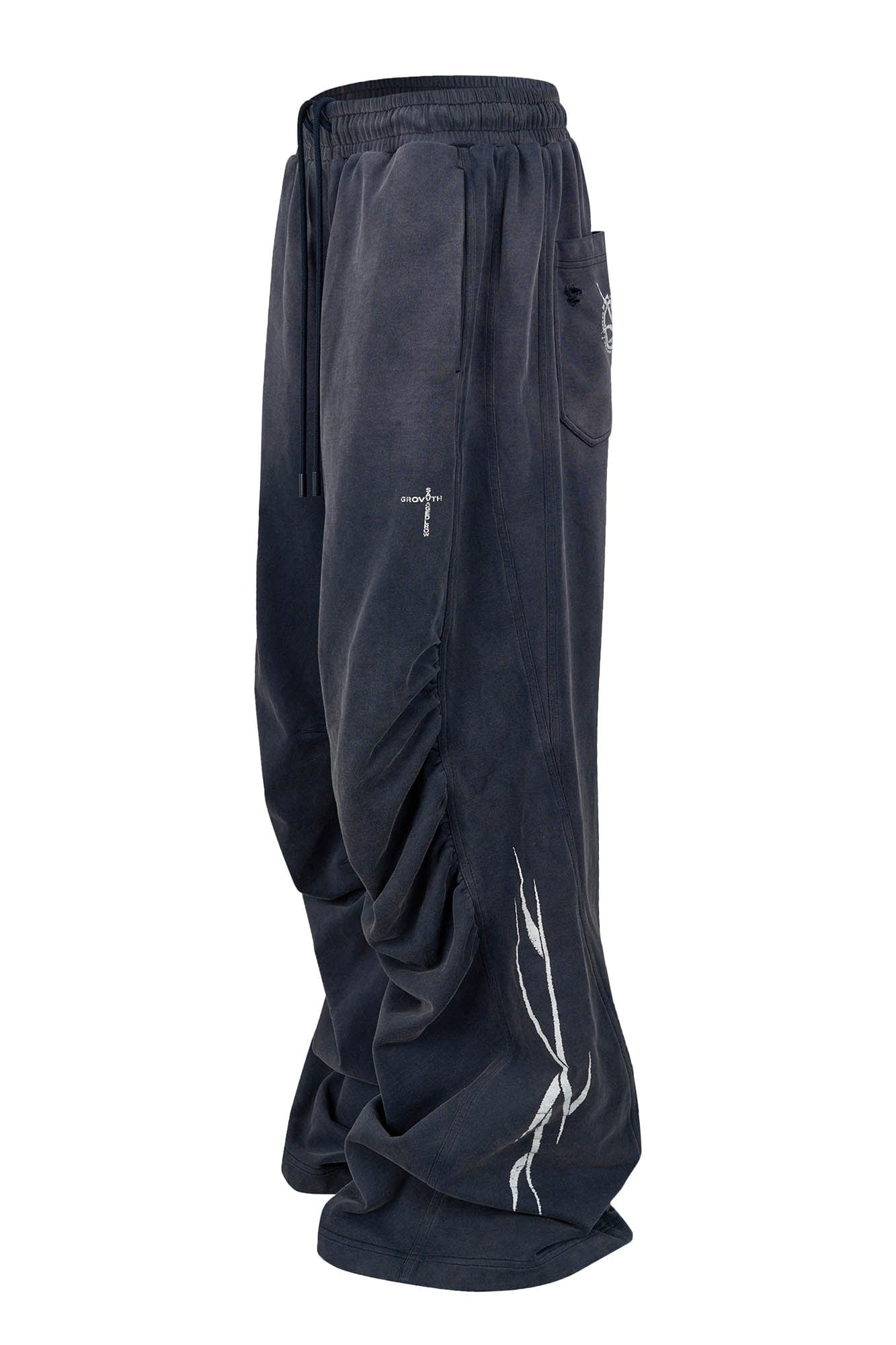 SAVAGEGROWTHWORLD Distressed Pleated Drawstring Baggy Pants, premium urban and streetwear designers apparel on PROJECTISR.com, SAVAGEGROWTHWORLD