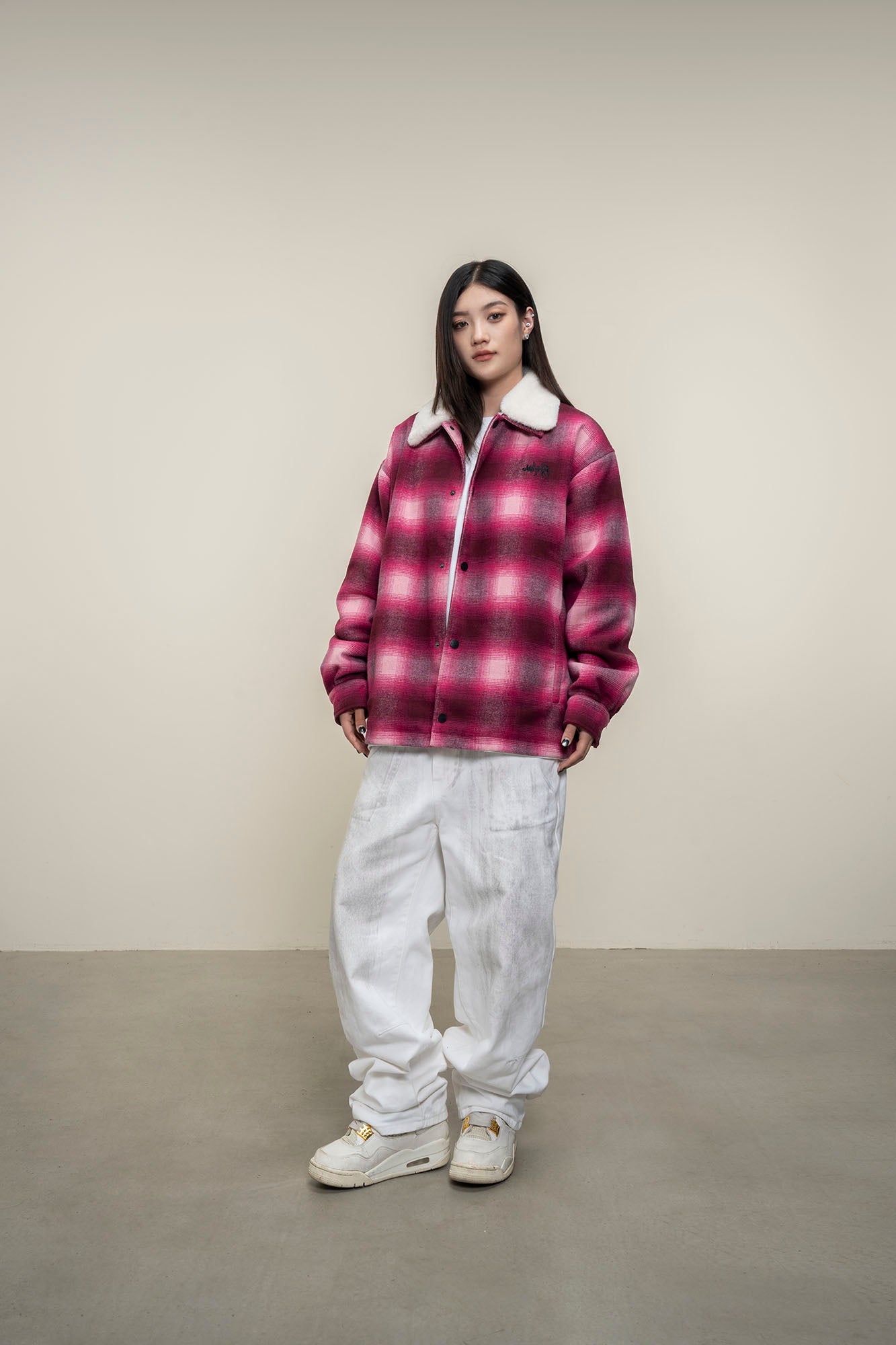 MAKEMORE Detachable Faux Fur Collar Plaid Jacket