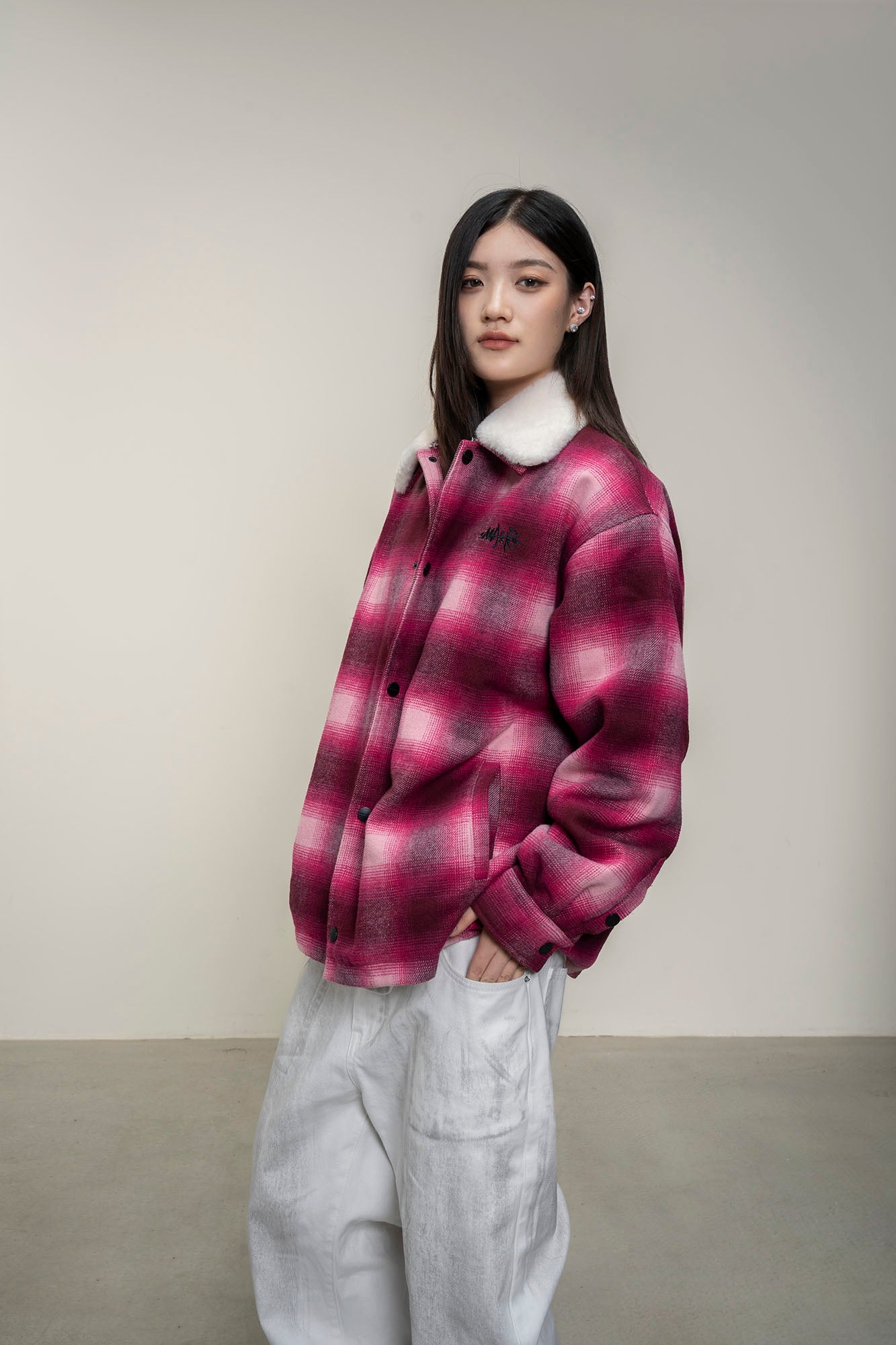 MAKEMORE Detachable Faux Fur Collar Plaid Jacket