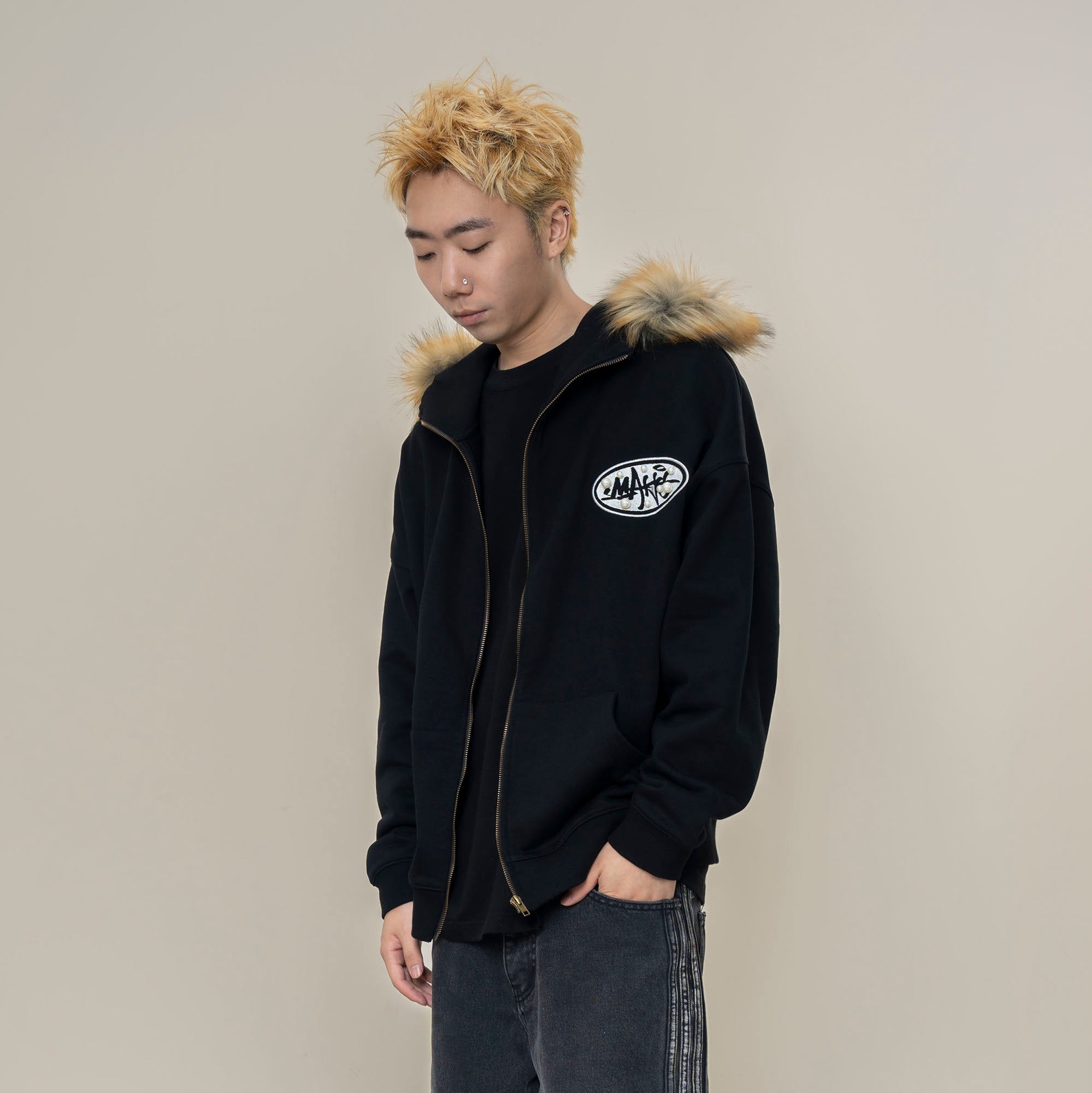 MAKEMORE Faux Fur Trim Pearl Patch Hooded Jacket