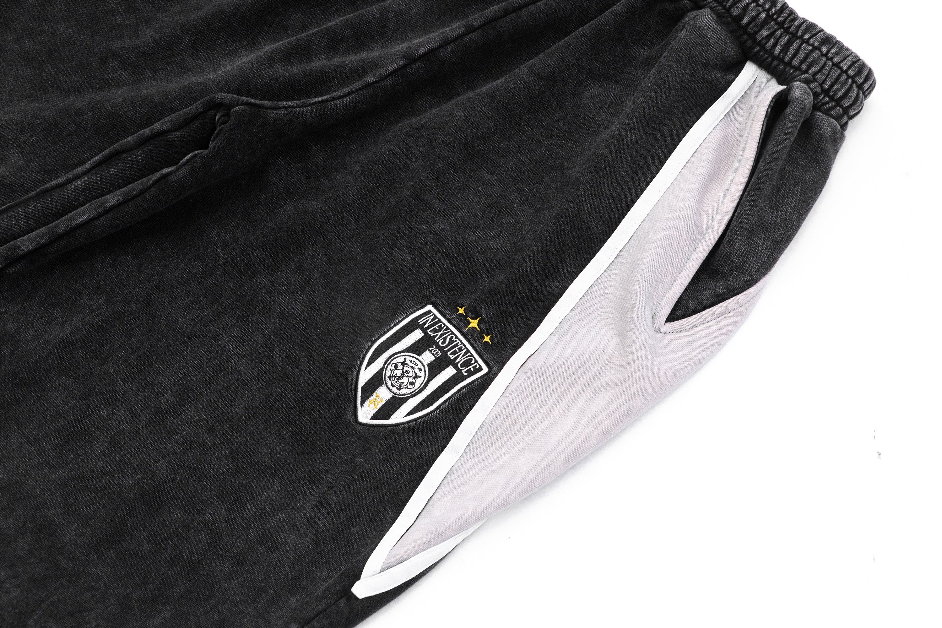 IN EXISTENCE Retro Contrast Embroidered Distressed Sweatpants